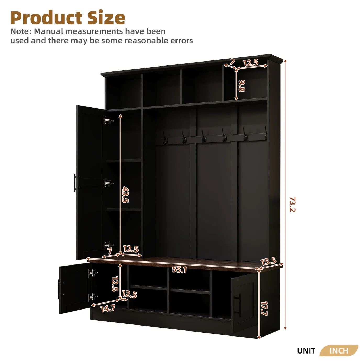 Hall Tree with Bench and Shoe Storage, 3-in-1 Hall Tree with Coat Rack, Adjustable Shoe Storage, 6 Hooks, 3 Cabinets, 4 Open Compartments, for Hallway, Entryway, Bedroom, Black
