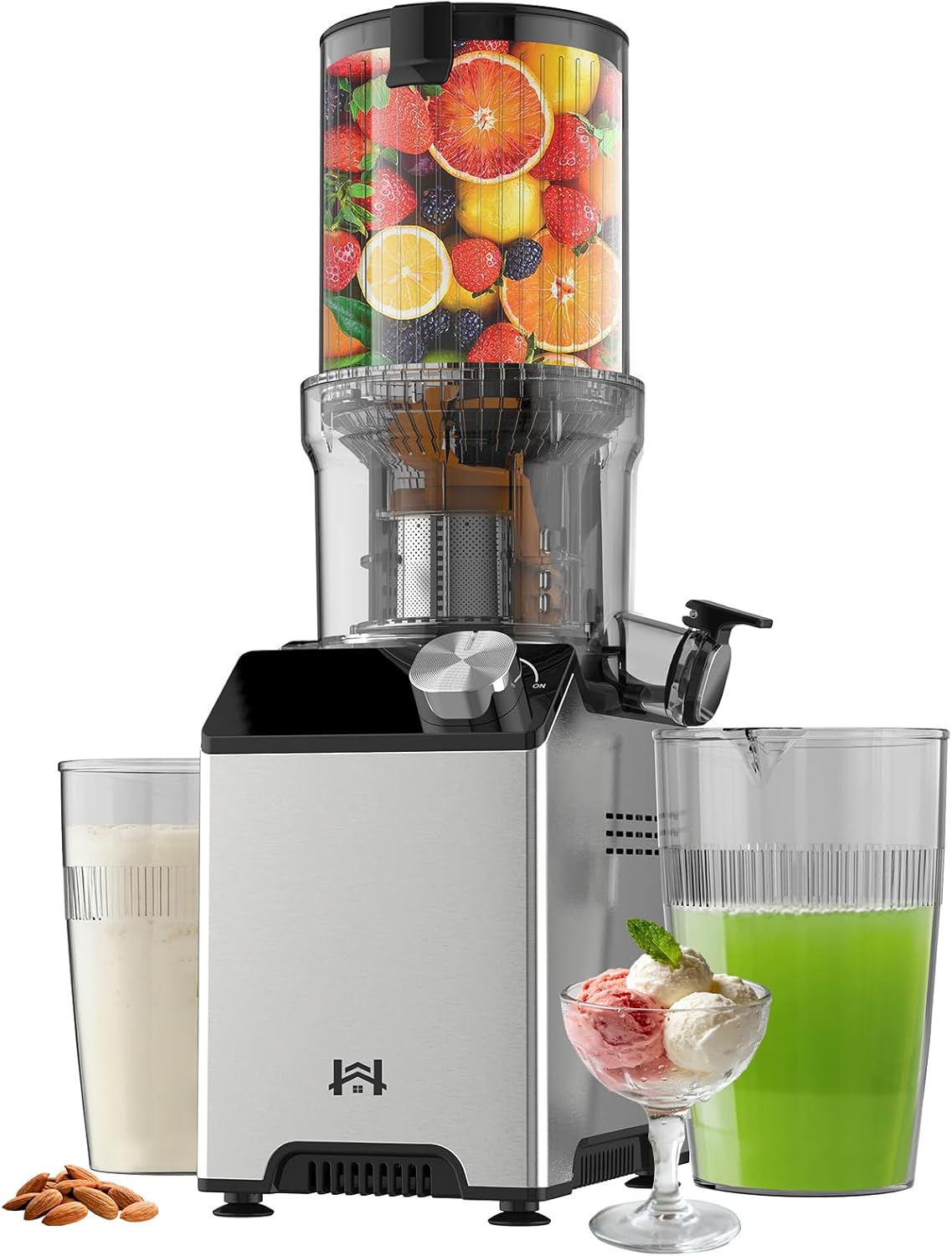 Cold Press Juicer, Wide Feed Chute Juicer Machines, Stainless Steel Slow Masticating Juicers Easy to Clean, Vegetables & Fruits Juice Extractor, High Juice Yield, Silver Knob