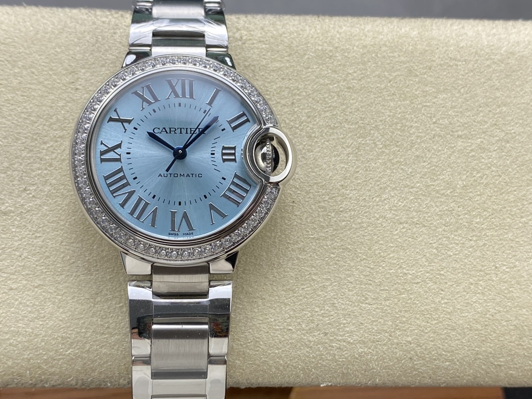 Ballon Bleu de Fake Cartier Watch Steel Diamond Bezel 33mm Blue Silver Dial W4BB0028(1:1 replica) - Top club