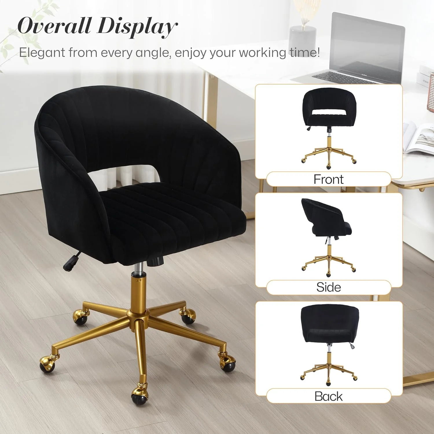 Home Office Swivel Desk Chair, Modern Velvet Vanity Chair, Height Adjustable Armchair with Gold Base, Ergonomic Office Chair for Task Study Computer Room, Beige - Image 36