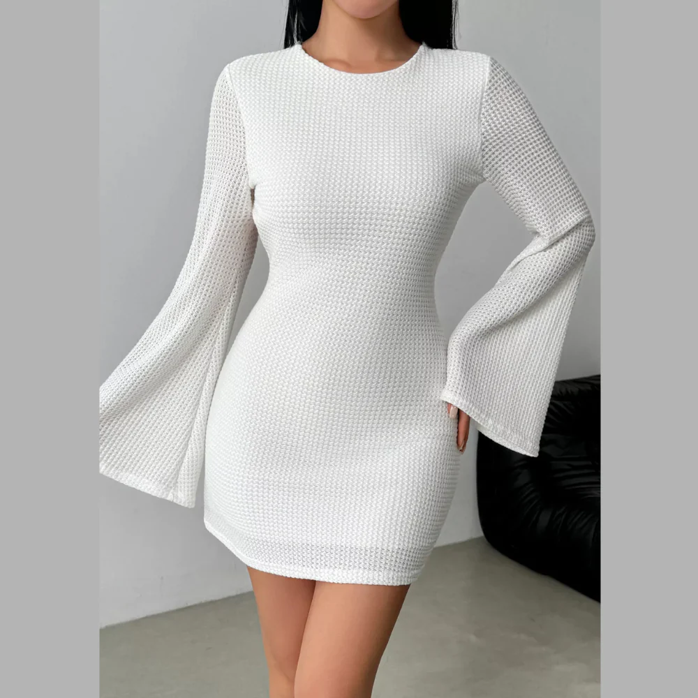 Backless Waffle Knit Flare Sleeve Mini Dress - ZKZOOK