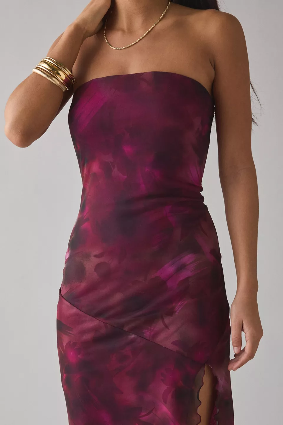 UO Samara Mesh Strapless Midi Dress - Red Berry