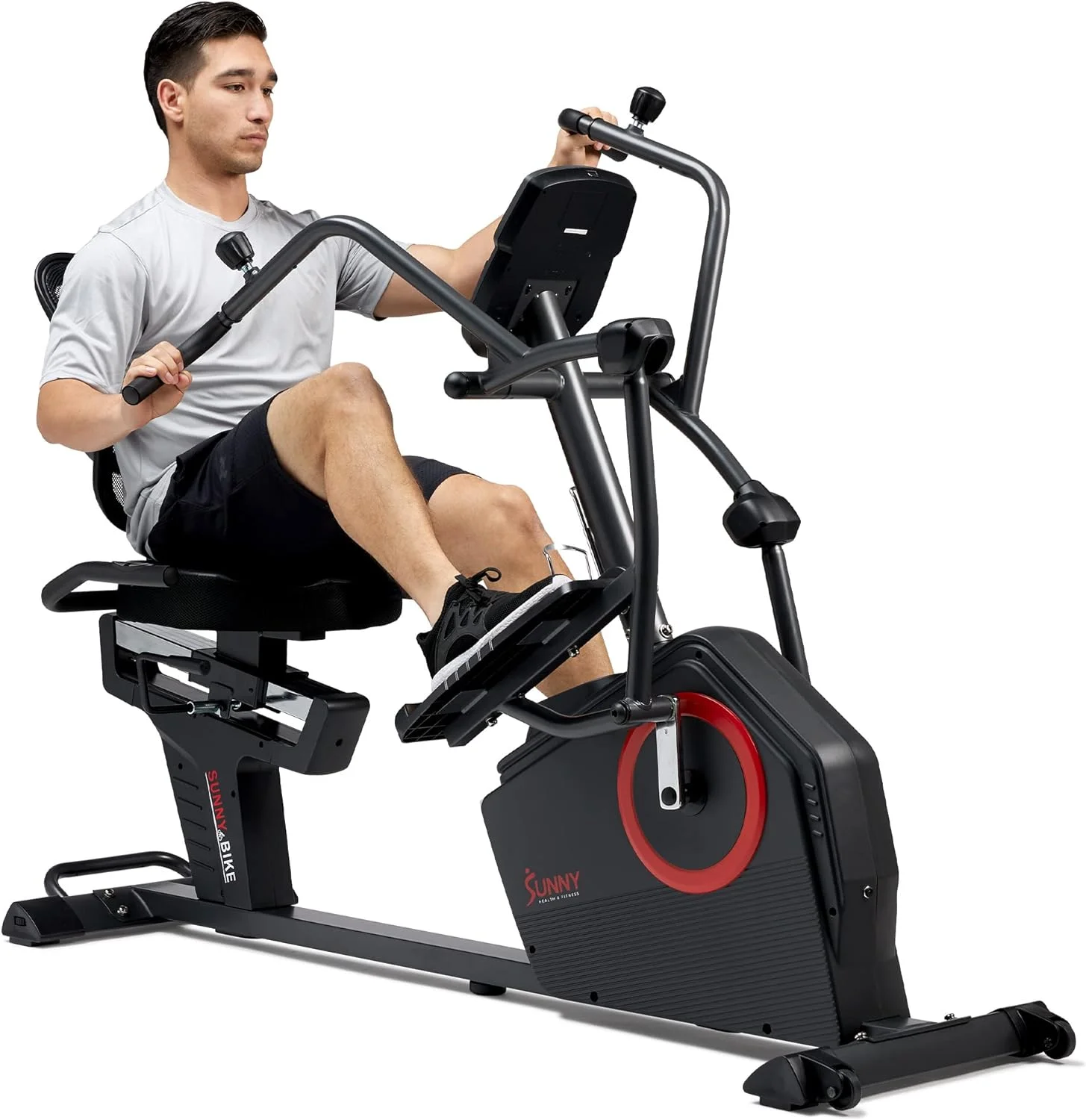 Sunny Health & Fitness Electromagnetic Recumbent Cross Trainer Exercise Elliptical Bike w/Arm Exercisers, Easy Access Seat & Exclusive SunnyFit搴 App Enhanced Bluetooth Connectivity - SF-RBE4886SMART