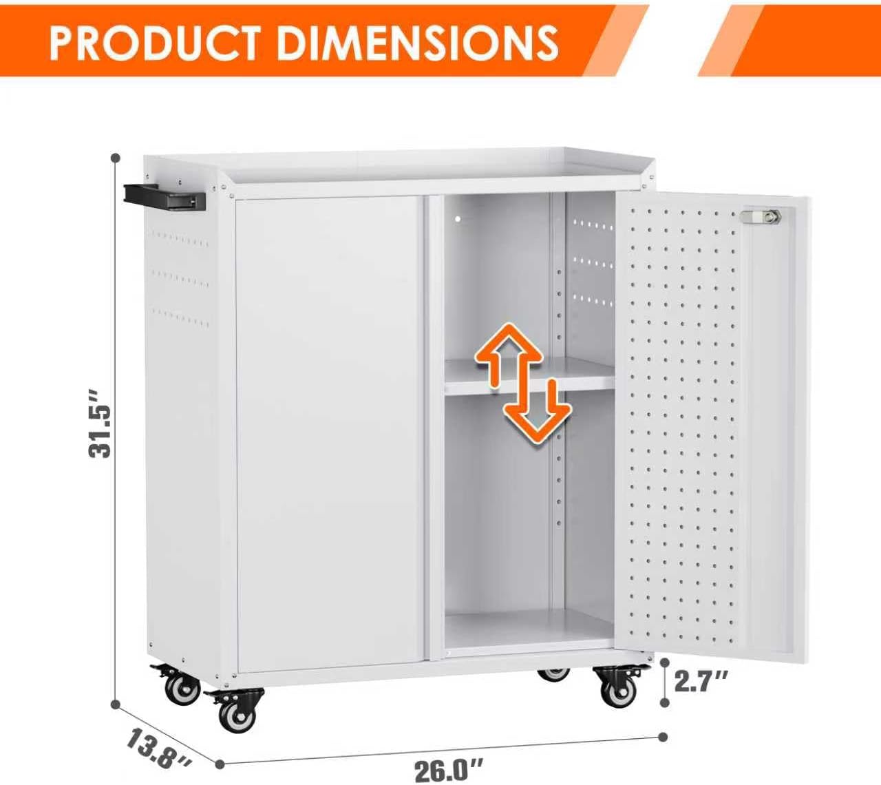 Garage Storage Cabinet with Wheels,Lockable Metal Storage Cabinet on Wheels, Pegboard for Garage Home Warehouse, Assembly Required, White,13.8 