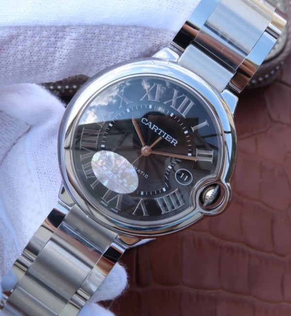 Replica Cartier V6 Ballon Bleu 42mm SS Black Textured Dial SS Bracelet A2892 - Elite Watch Atelier