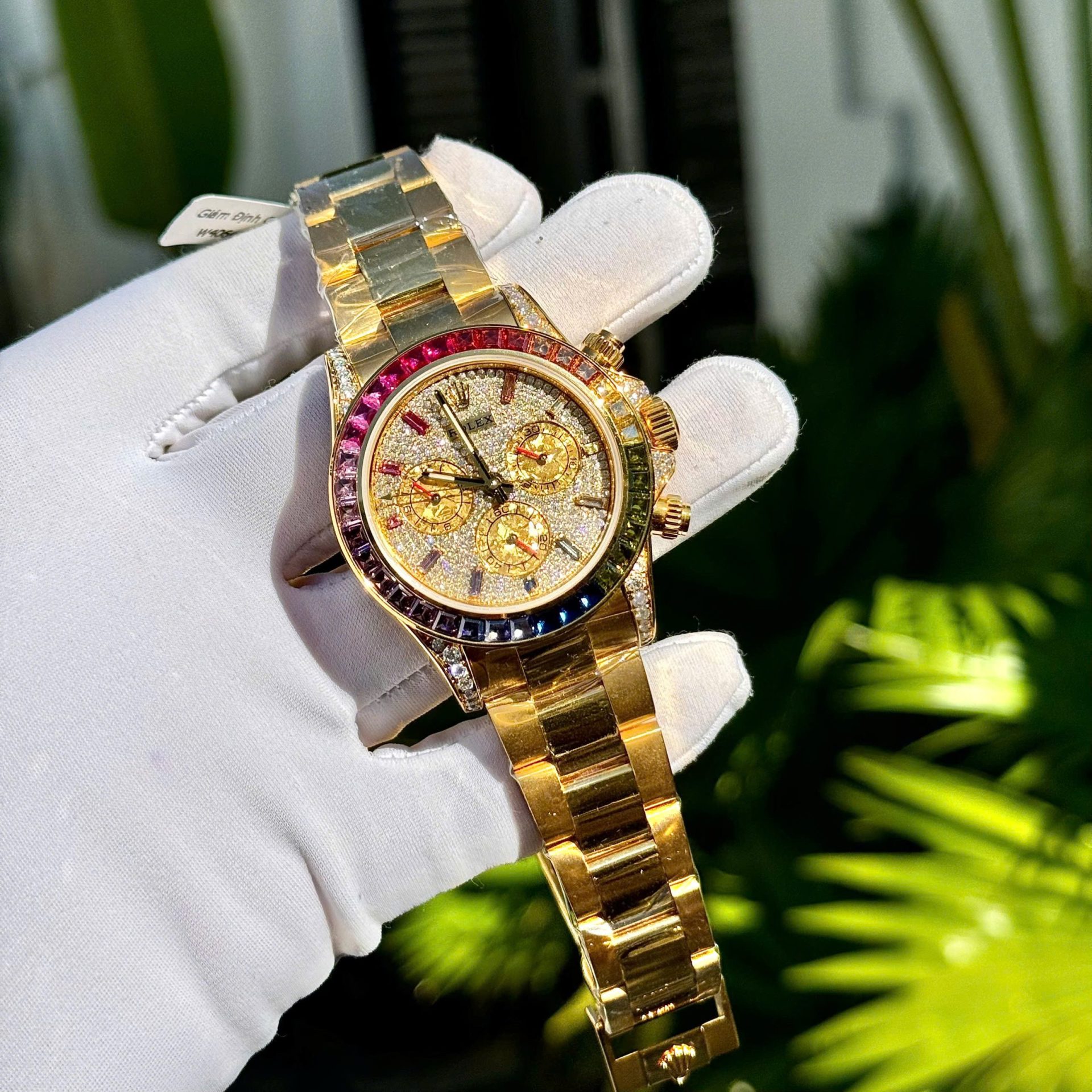 Rolex Daytona Rainbow Replica Watch 18K Gold Wrapped Customs Moissanite   Gemstones 40mm - Elite Watch Atelier