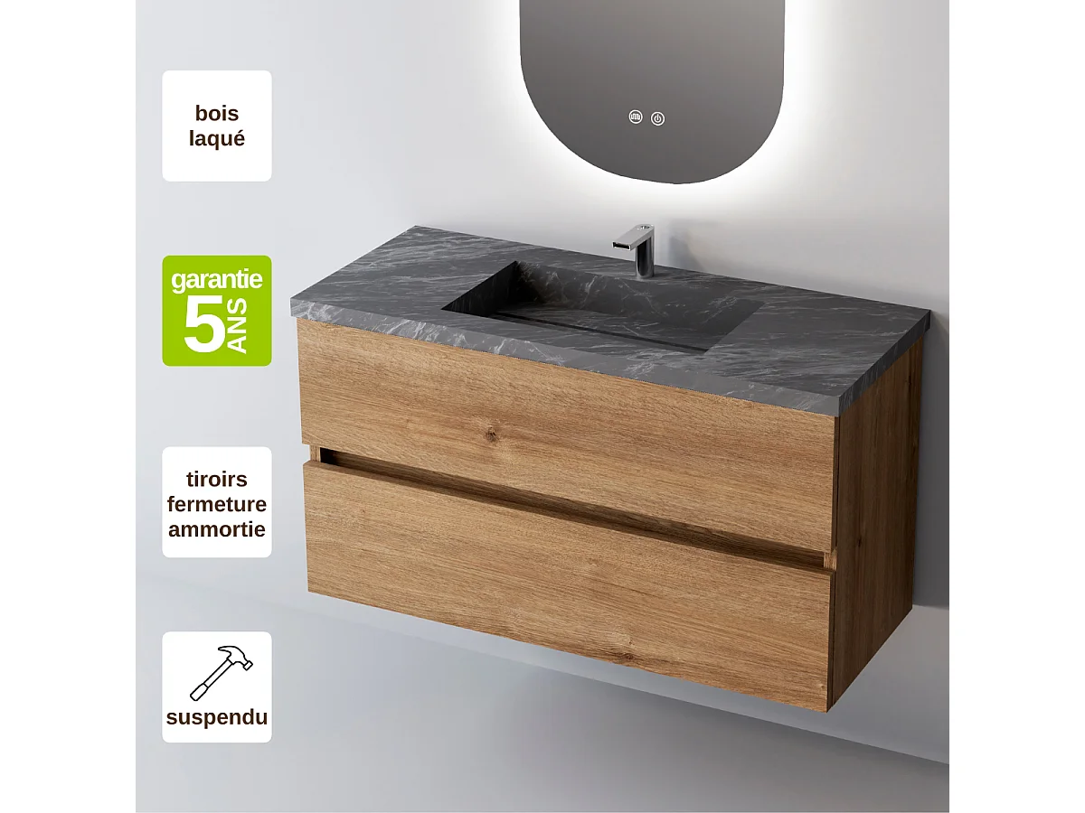 Meuble salle de bain ANCONA 80cm – Plan vasque grès cérame, 2 tiroirs, finition Finition Chêne Naturel, H 54cm x P 45cm