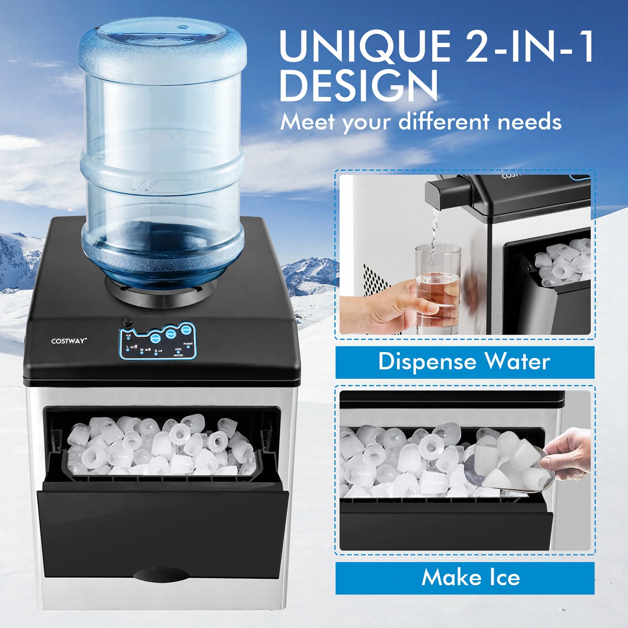 Costway 2-in-1 Stainless Steel Countertop Ice Maker Water Dispenser 48Lbs/24H w/ Scoop - Image 8
