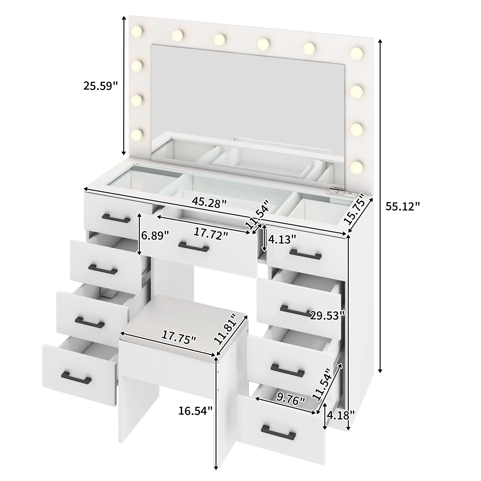 Ktaxon Large Makeup Vanity, Vanity Table Set w/ Visible Glass Top w/ Charging Station, White - Image 12