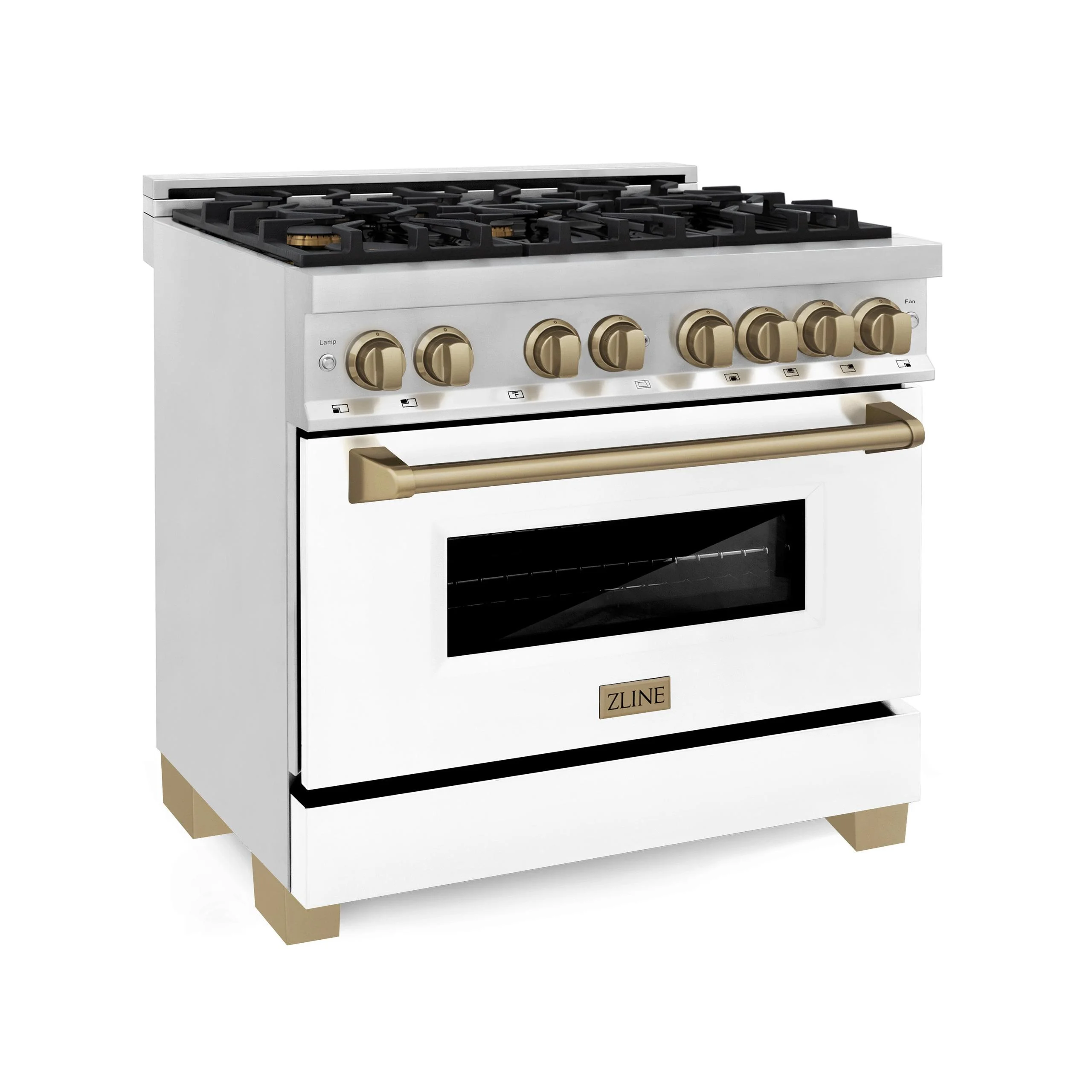 ZLINE 36 in. Autograph Edition Dual Fuel Range in Stainless Steel with White Matte Door and Champagne Bronze Accents (RAZ-WM-36-