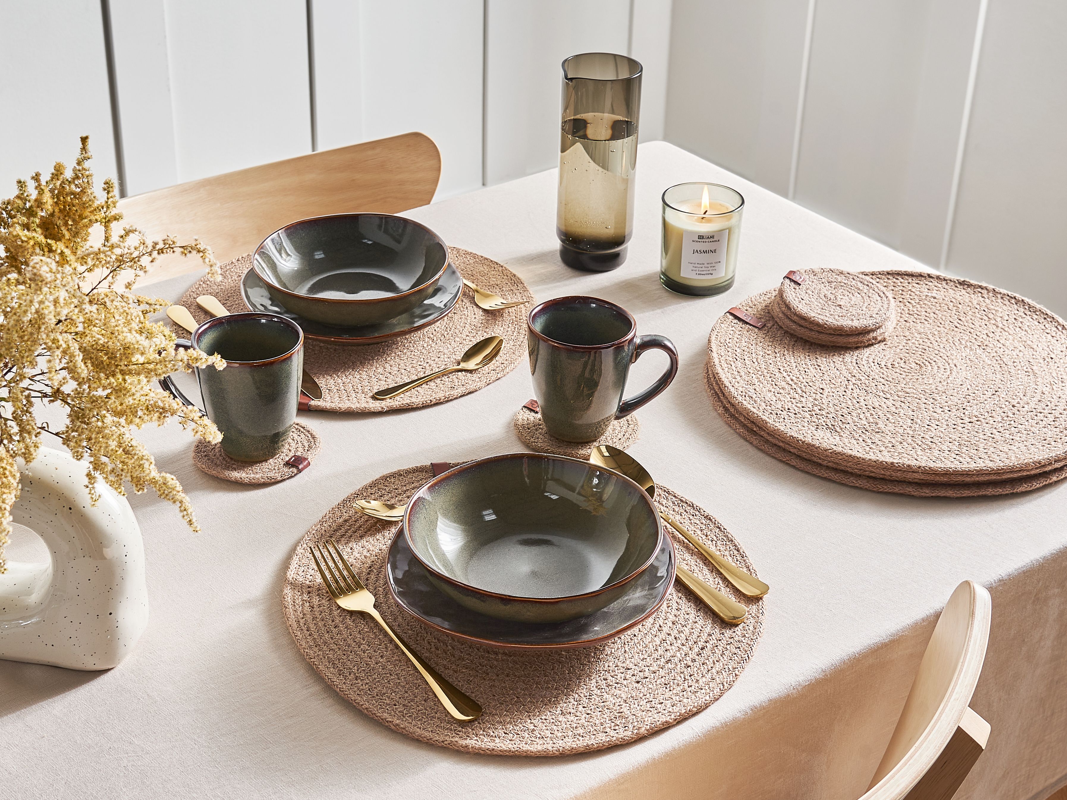 12 Piece Placemats and Coasters Set BUSHMINT Natural Jute