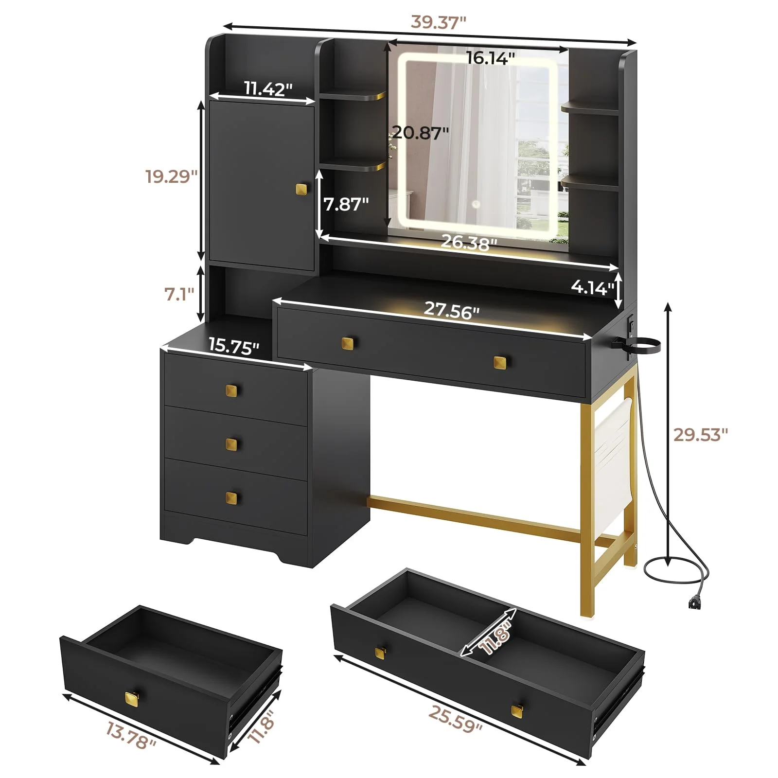 Makeup Vanity Desk with Lighted Mirror & Charging Stations & 6 Drawers Large Vanity Table Bedroom Dressing Table with Glass Tabletop&Side Cabinet&Glass Tabletop, Black - Image 18