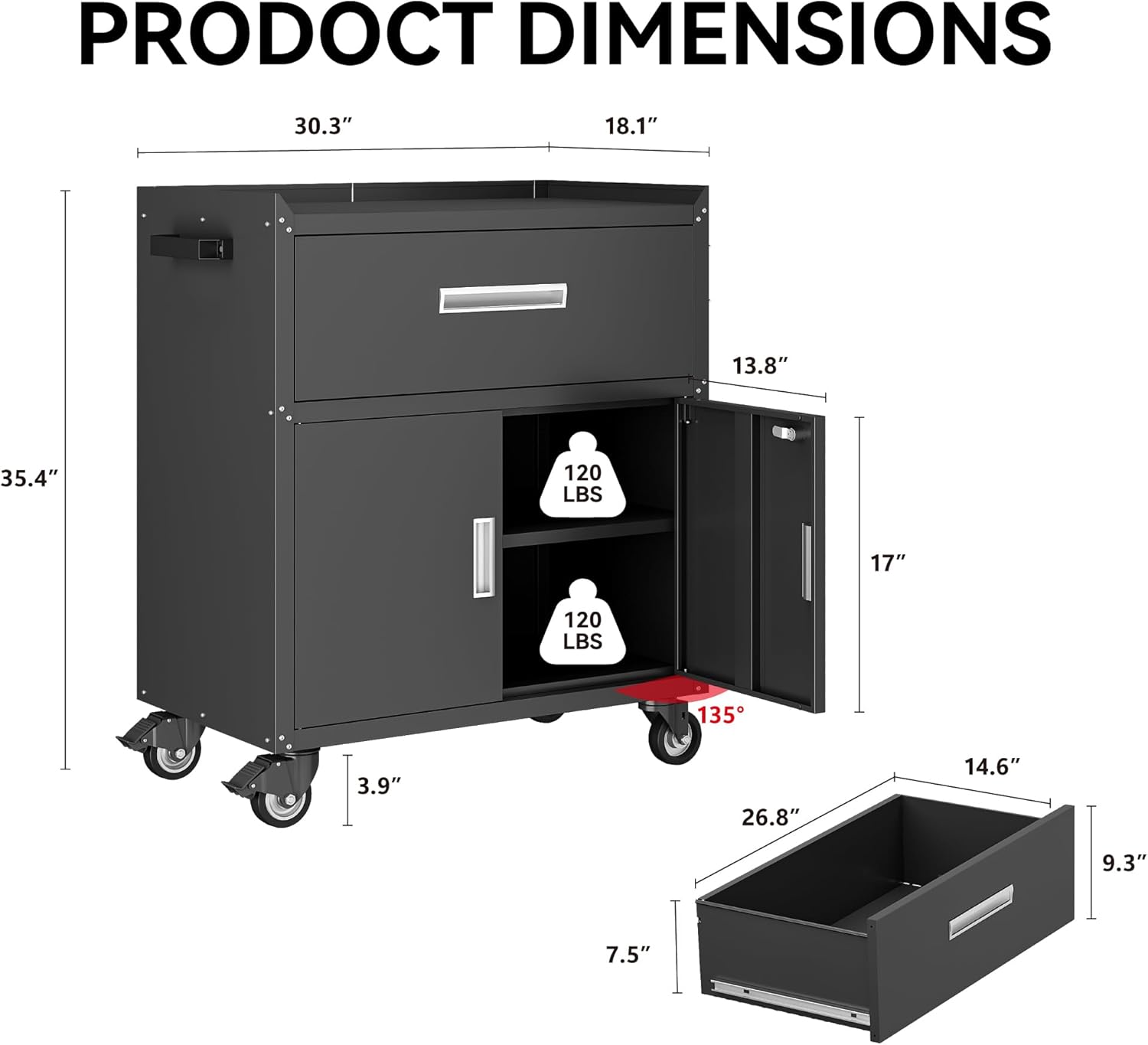 COFaR Rolling Tool Cabinet, 1-Drawer & 2-Door Metal Storage Cabinet with Adjustable Shelf, Lockable Wheels & Locking Doors, 35