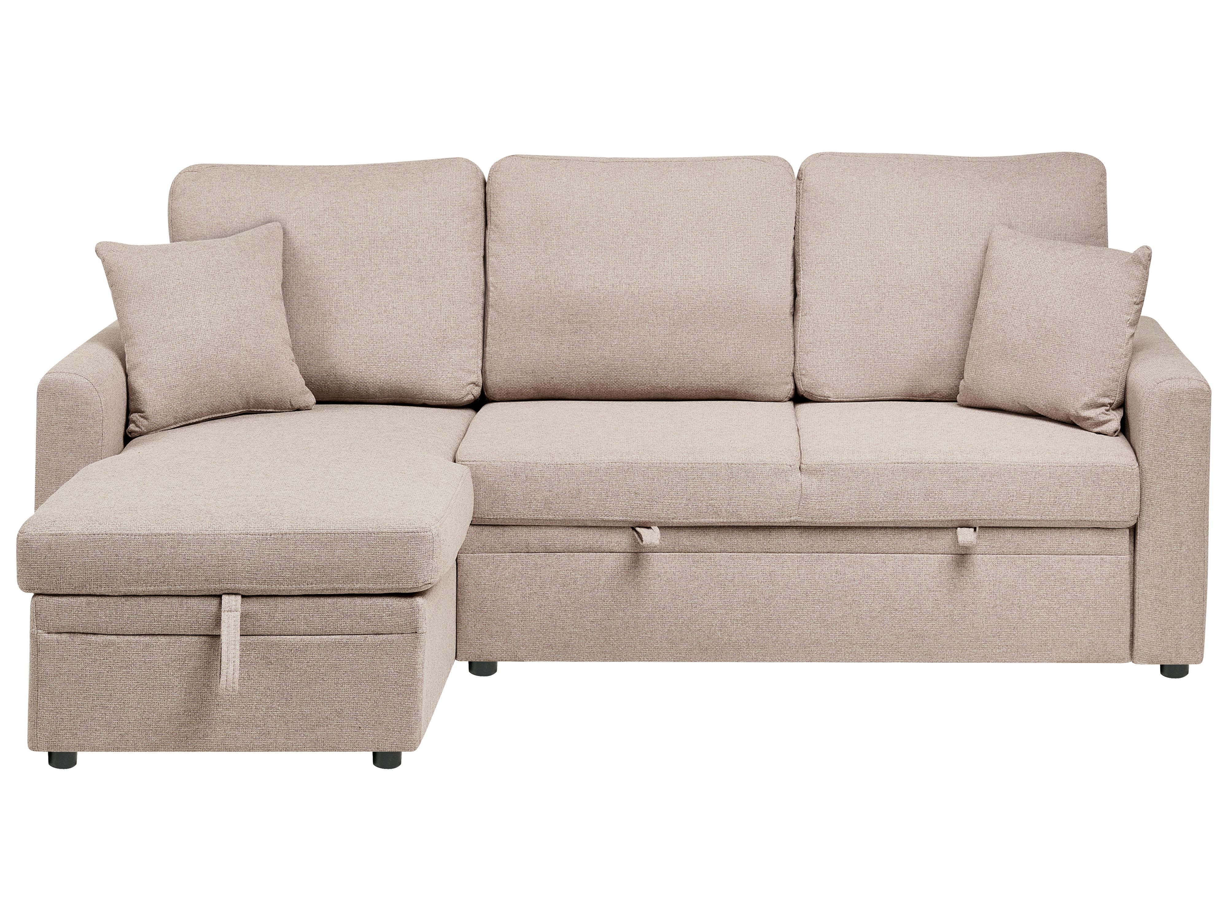 Corner Sofa Bed 3 Seater NASSJO Faux Linen Light Brown Right Hand