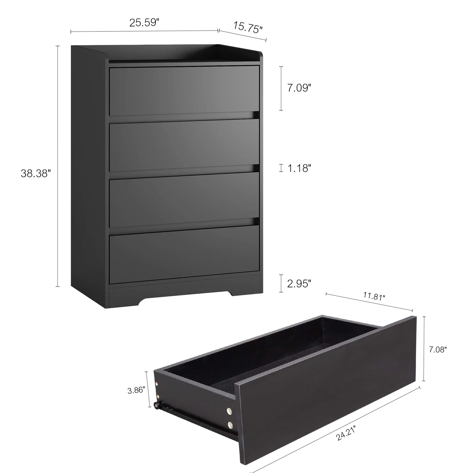 Aukfa Wood 4 Drawer Dresser,Chest of Drawer with Anti-fall Device, Black