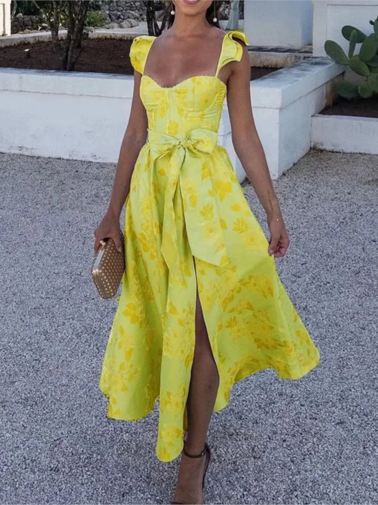 Flowers Print Sleeveless Long Dresses Women Sexy Low Cut Backless Bowknot Leace-up Slit Dress Temperament Lady Vestidos 2025 New - AZJHJ