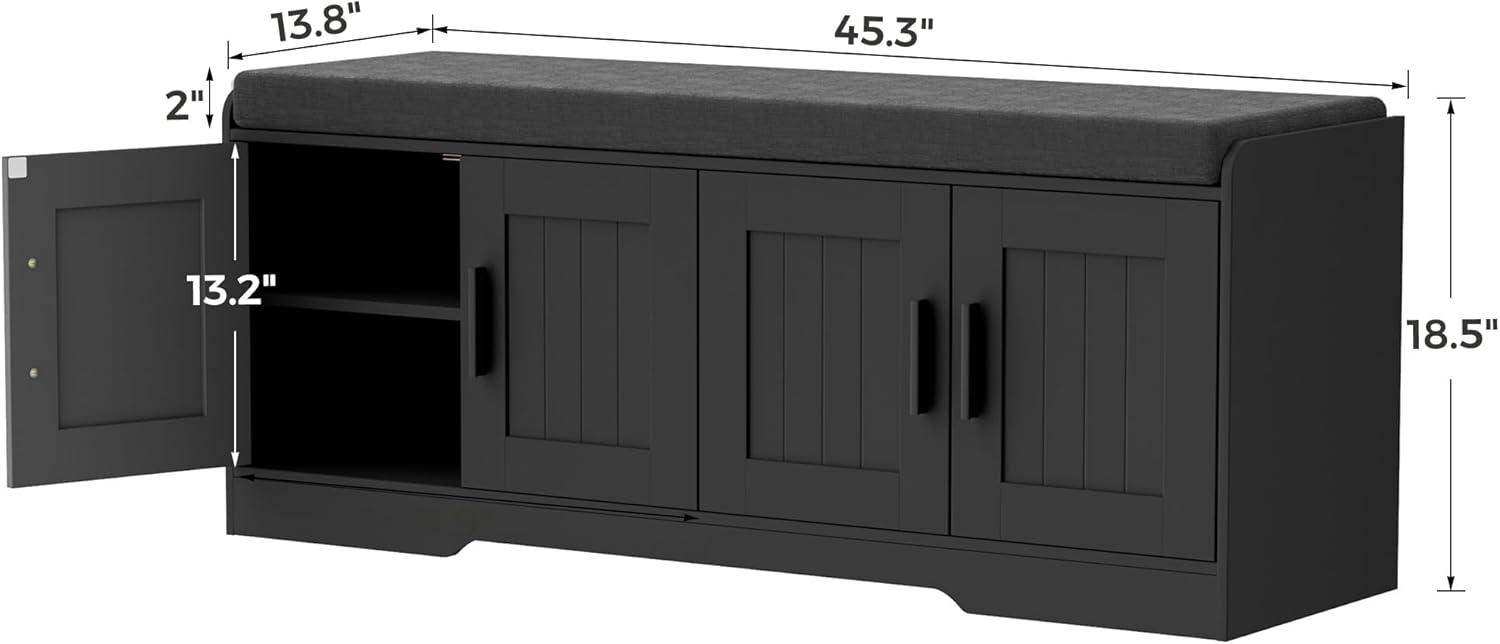 Homleke 2-Tier Storage Bench, Shoe Bench with Thickened Padded Seat Cushion, Entryway Bench with 4 Doors, Adjustable Shelf, 13.8