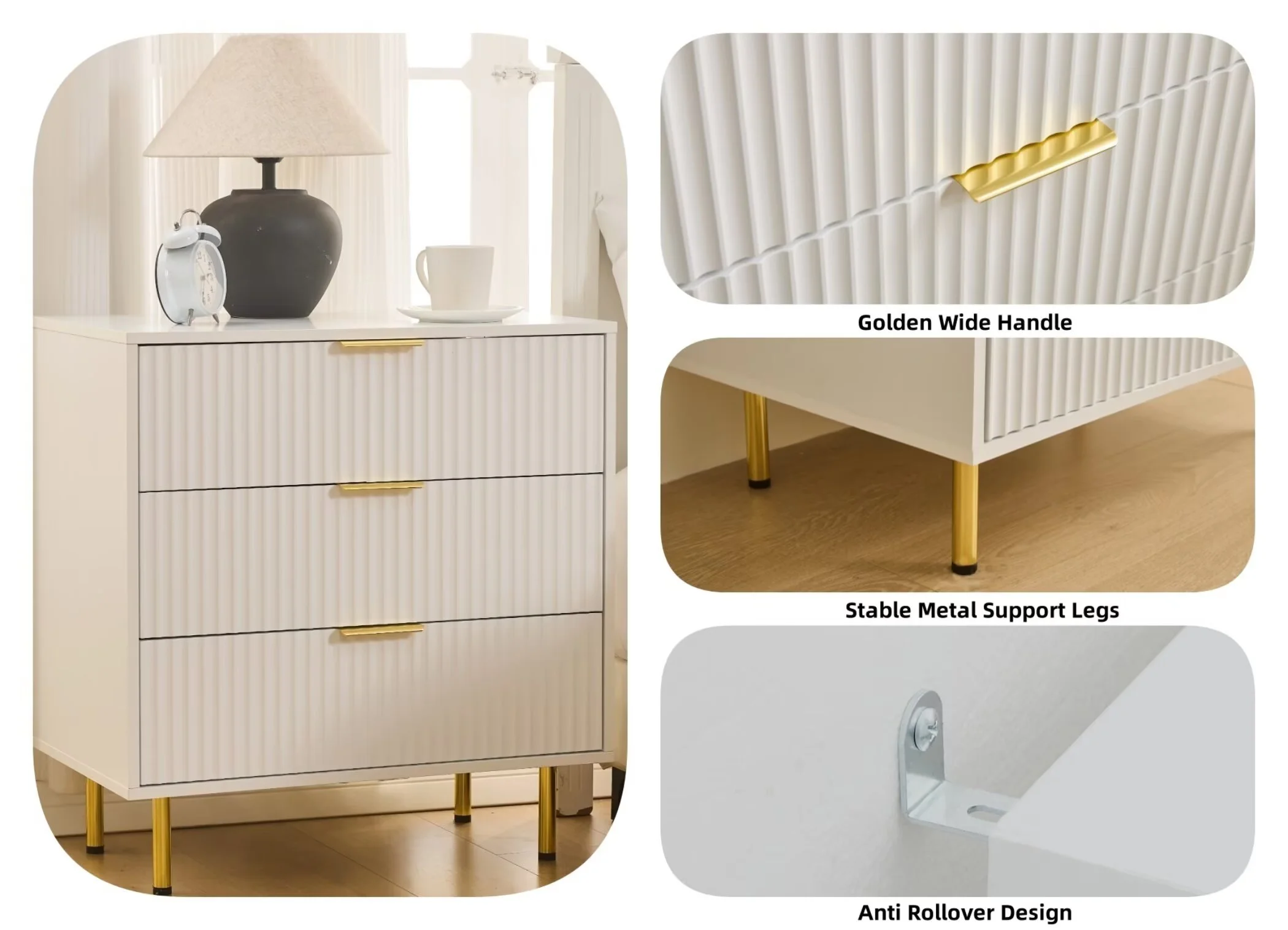 HRYJ White Large 3 Drawers Nightstand Dresser Fluted Wood Night Stand Bedside Table for Bedroom - Image 4