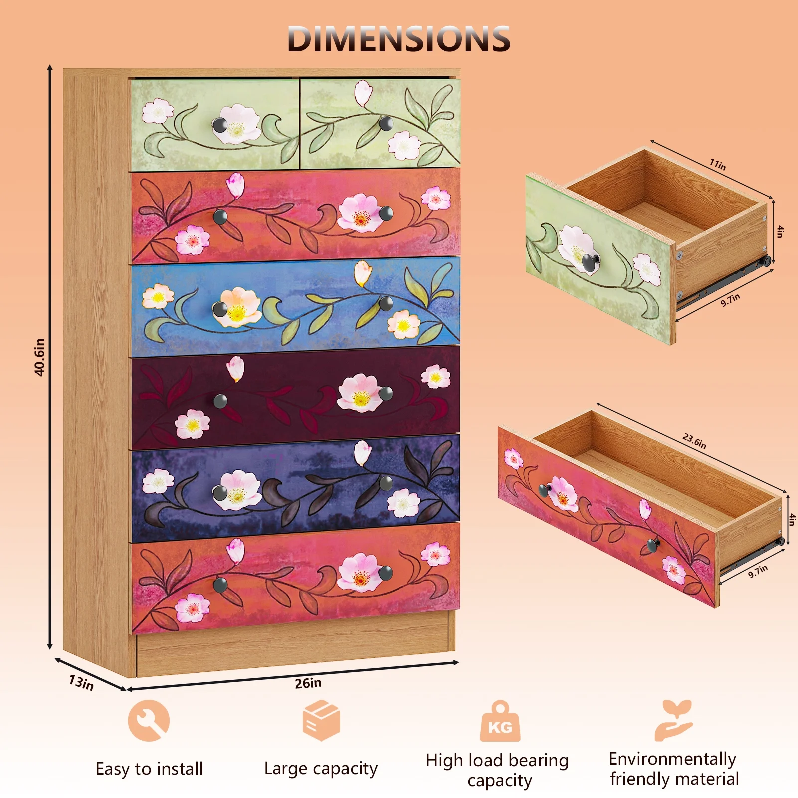 Ktaxon Wood 6-Drawer Dresser Organizer for Bedroom Storage Tower for Entryway Hallway Closet, Tall Chest Organizer Unit with Wood Bins, Floral Painted Wooden - Image 13