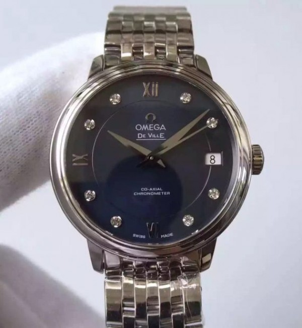 Replica Omega MKF De Ville 33mm Diamonds Markers Blue Dial SS Bracelet A2824 - Elite Watch Atelier