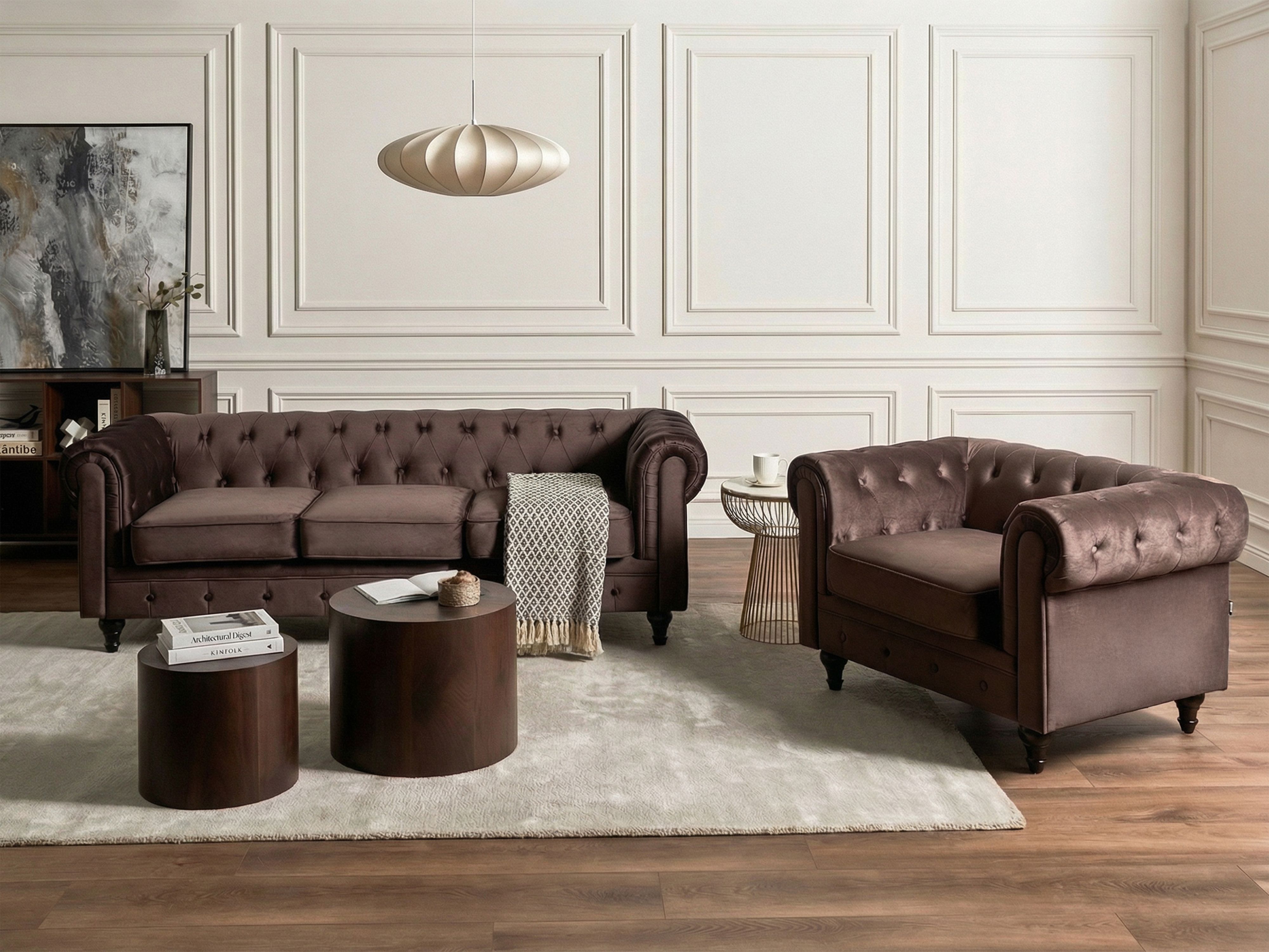 Living Room Set 4 Seater CHESTERFIELD Velvet Dark Brown