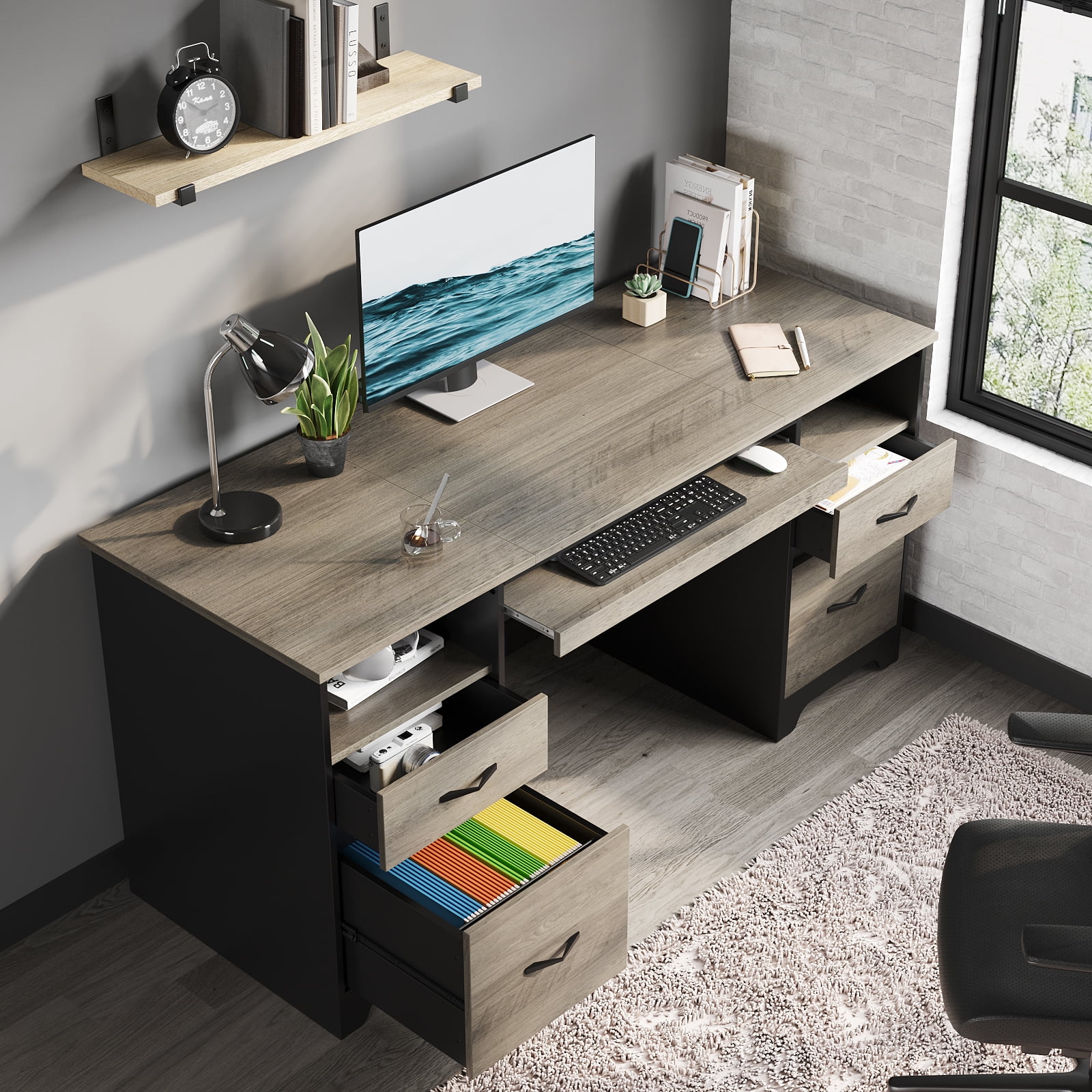 Bestier 59�� Computer Desk with 4 Drawers, Office Executive Desk with File Drawer, Keyboard Tray for Home Office, Gray - Image 5