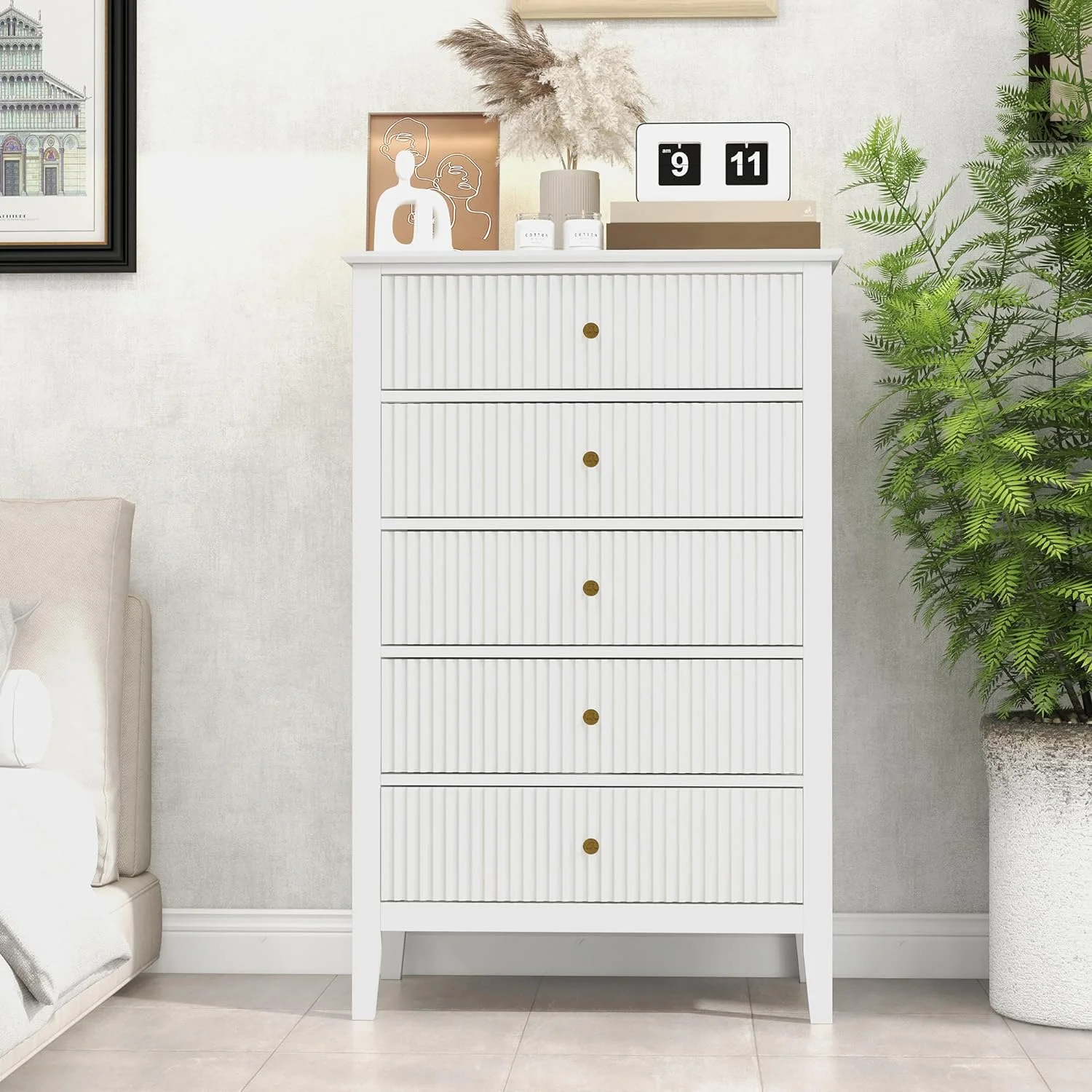 Heynemo Beige 6 Drawer Dresser, Fluted Modern Wood Chest - Image 86