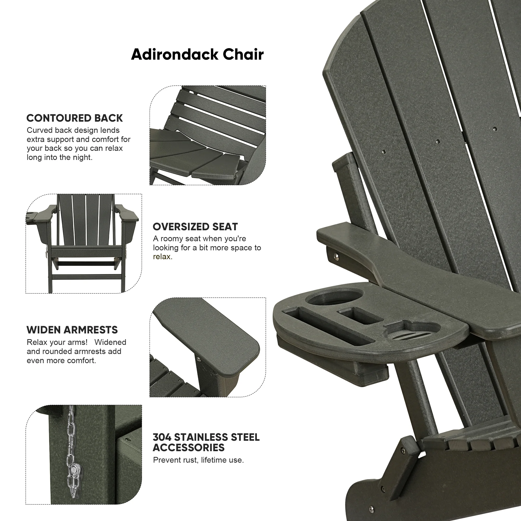FOOWIN HDPE Plastic Adirondack Chairs Set of 4, Black - Image 122