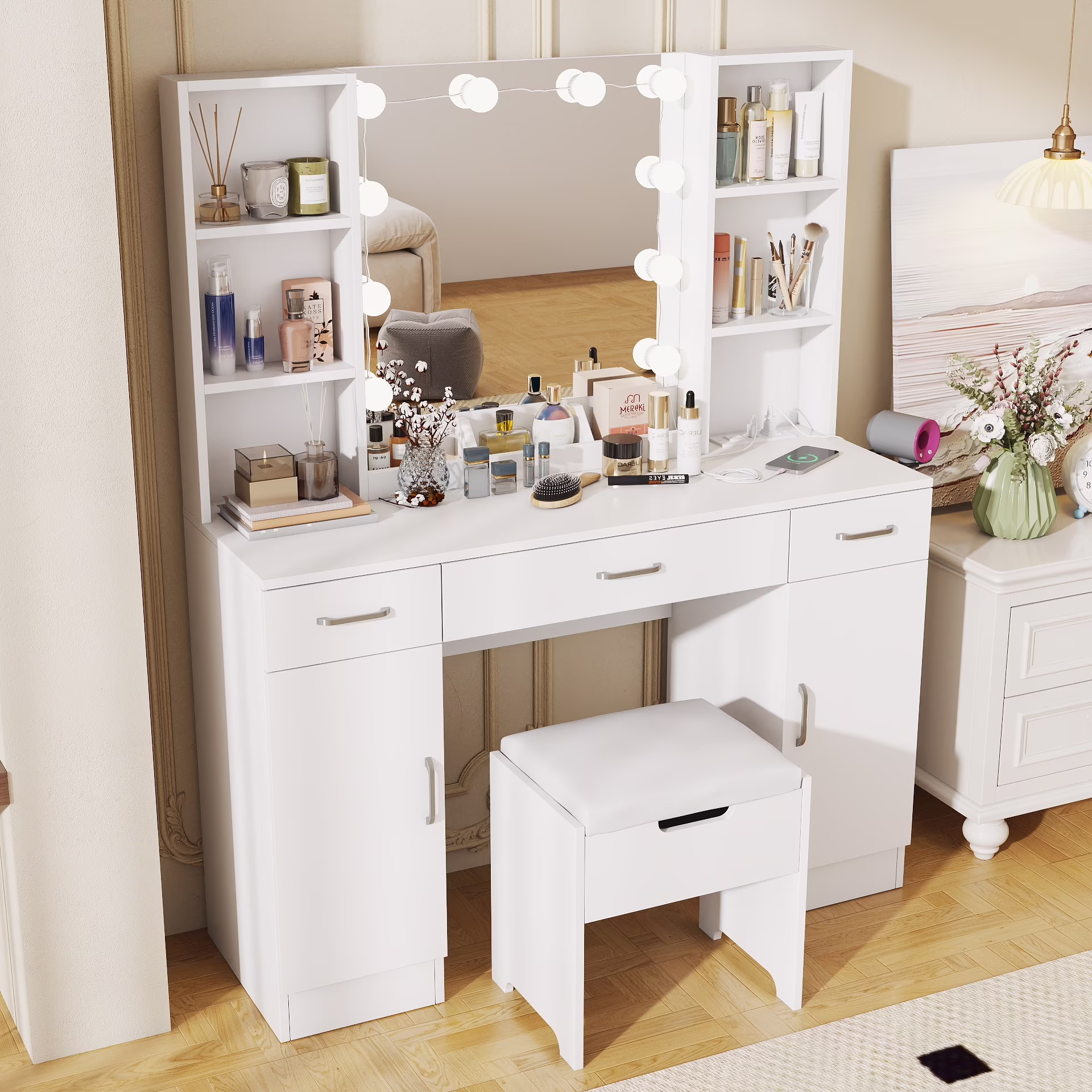 VEANERWOOD Large Makeup Vanity Set with Light Modern Makeup Vanity Table with Storage and Adjustable Lighting Colors for Bedroom 45.2in, White - Image 3