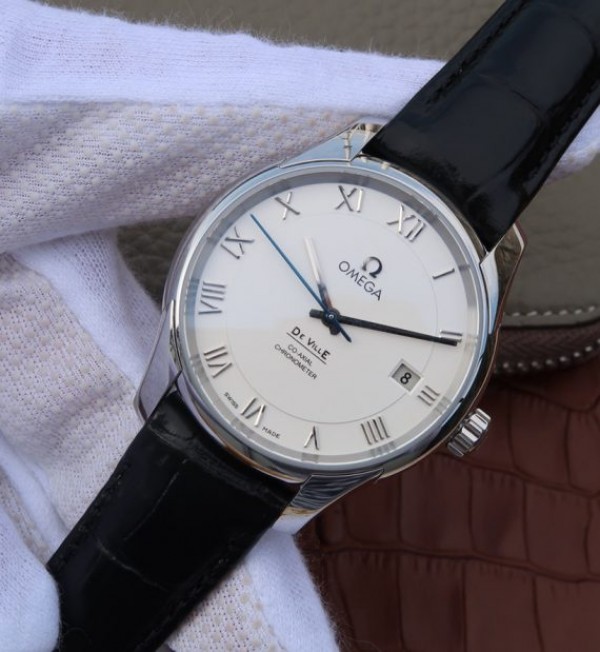 Replica Omega V6 De Ville 41mm SS White Dial Black Leather Strap A8500 - Elite Watch Atelier