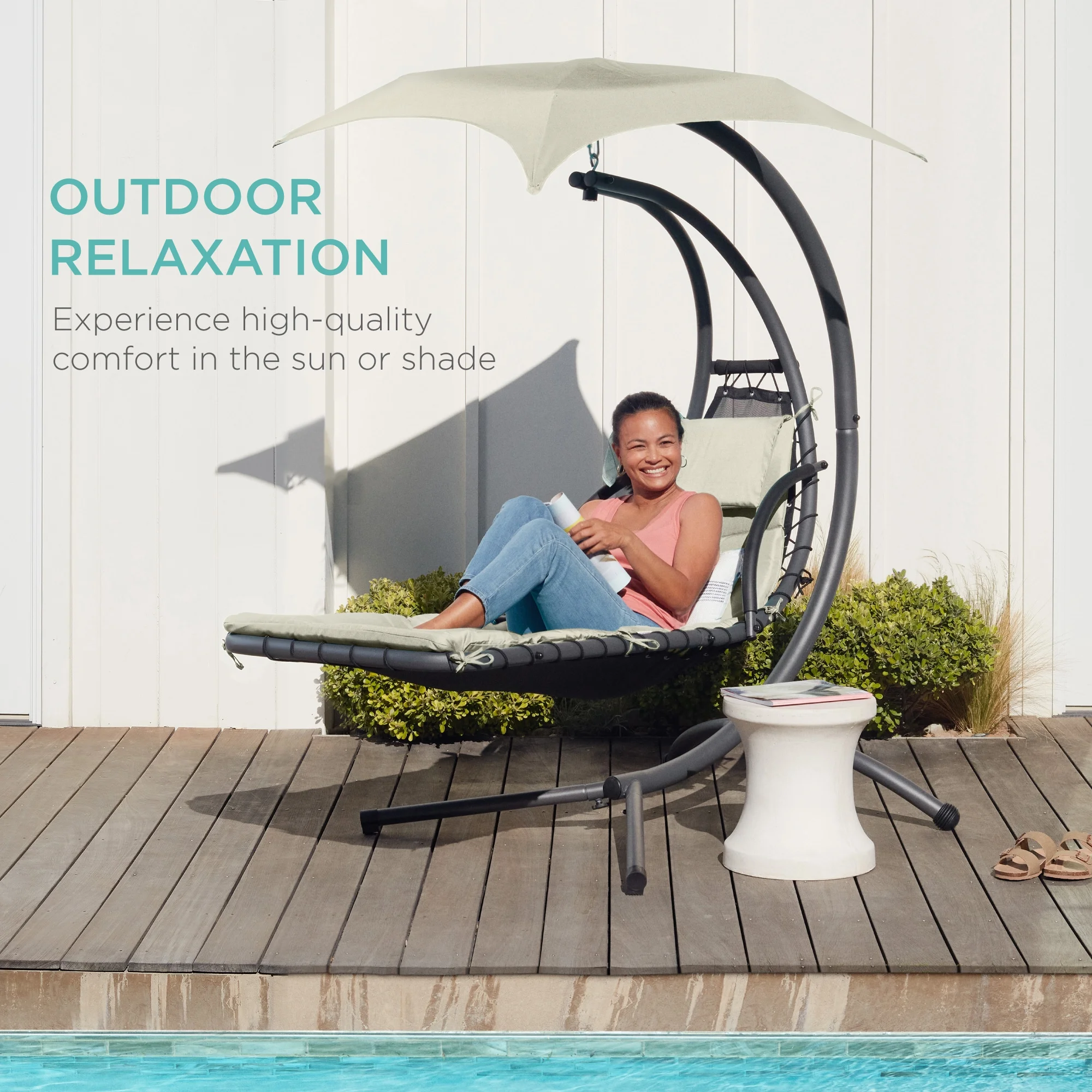 Best Choice Products Hanging Curved Chaise Lounge Chair Swing for Backyard, Patio w/ Pillow, Shade, Stand - Teal - Image 38