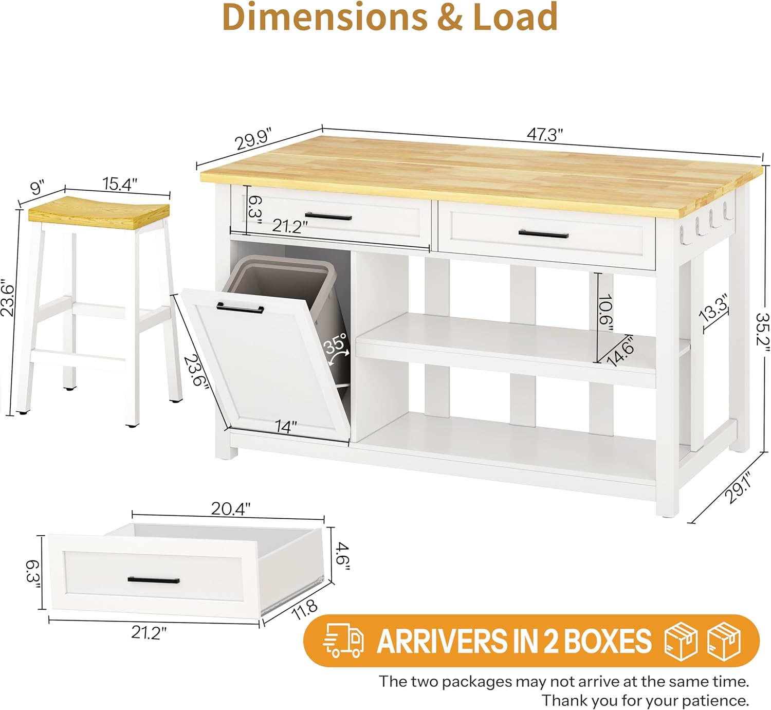 Kitchen Island with Storage and Seating Include 2 Bar Stools, 47