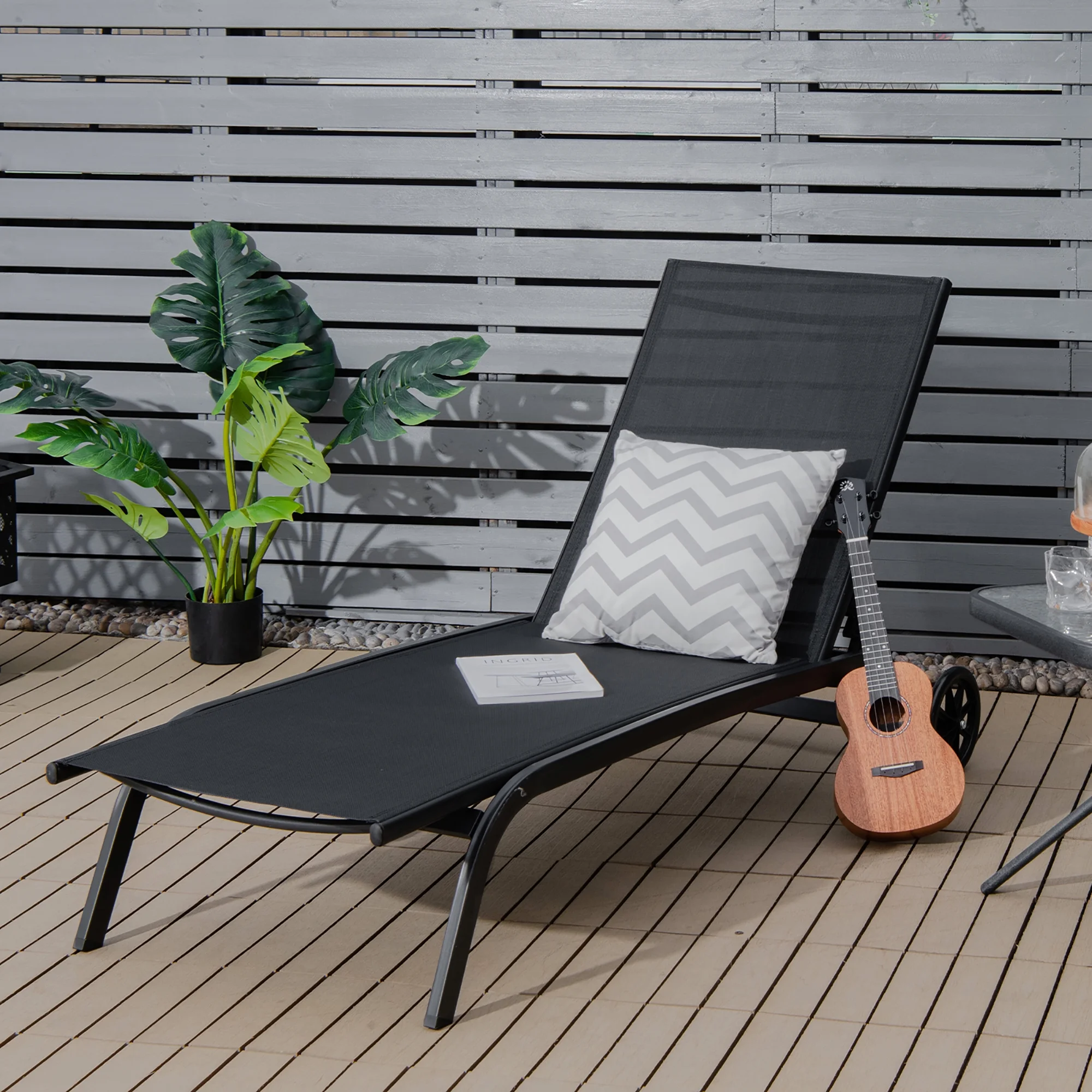 Costway 2PCS Outdoor Adjustable Chaise Lounge Patio 6-Position Recliner Wheels Black - Image 2