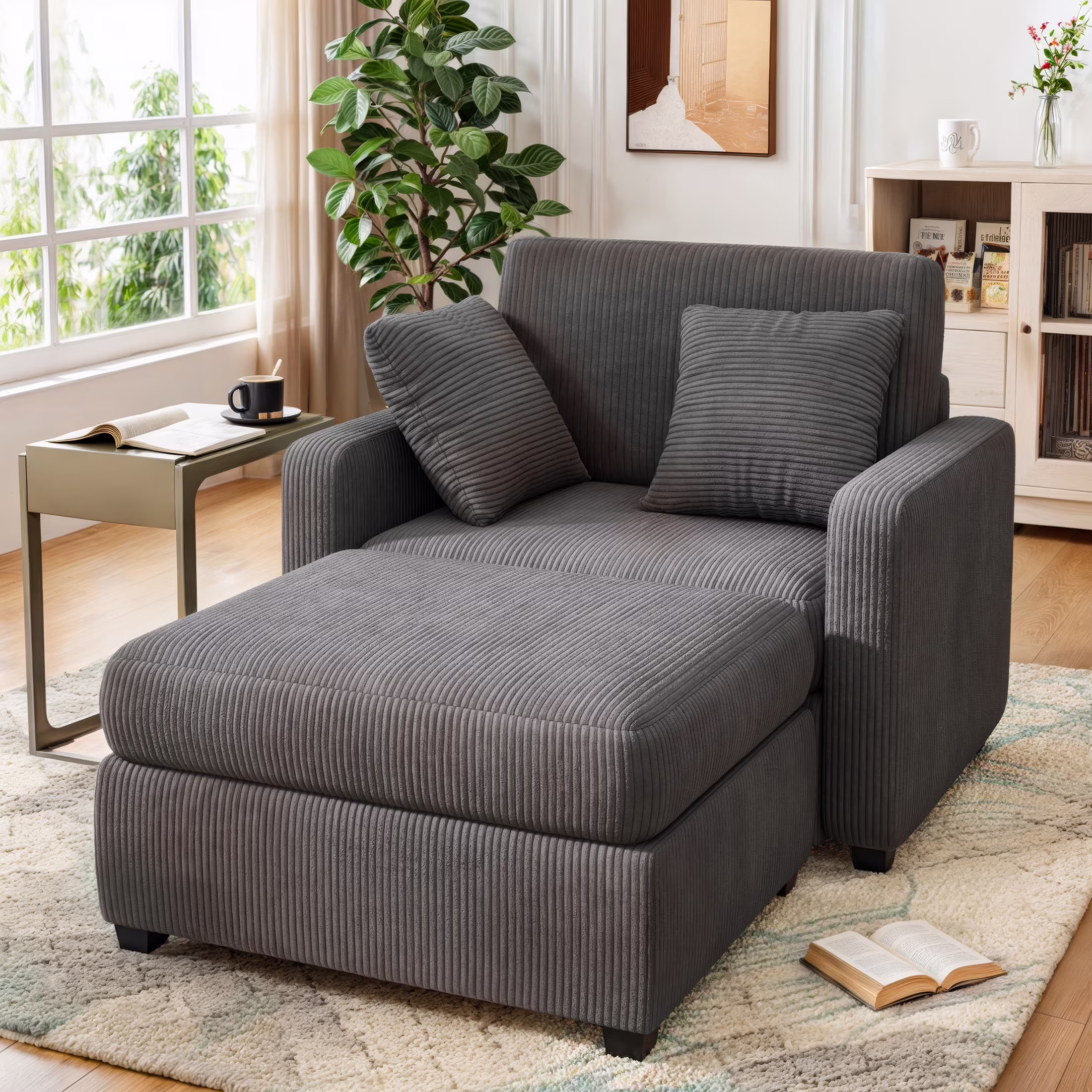 LUMIHO Chaise Lounge Chair Indoor, 42" Sleeper Chair with Two Throw Pillows and Armrests, Corduroy Chaise Couch Chair with Ottoman for Living Room, Bedroom, Apartment, Green - Image 9