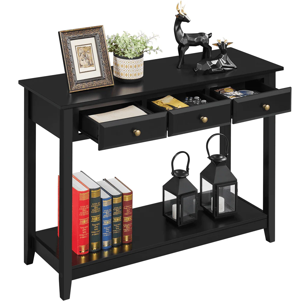 Topeakmart 3-Drawer Wooden Console Table Entryway Table with Storage Shelf Pine Wood Legs, Black - Image 6