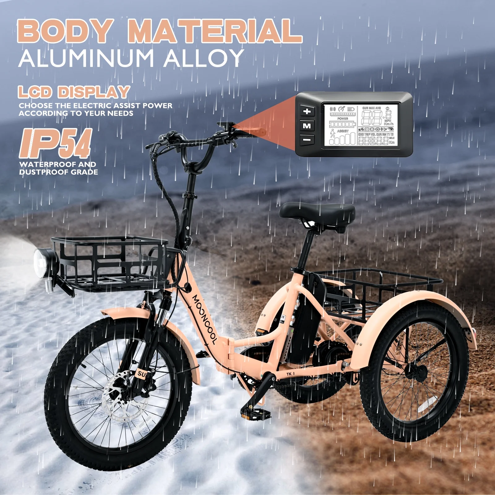MOONCOOL TK1 Folding Electric Tricycle for Adults,48V 14.5Ah Removable battery, 500W(Peak 1000w)Motor, 20" Fat Tire Step-Thru 3Wheel Electric Bicycle w/Front&Rear Baskets, Certified to UL 2849 by SGS - Image 23