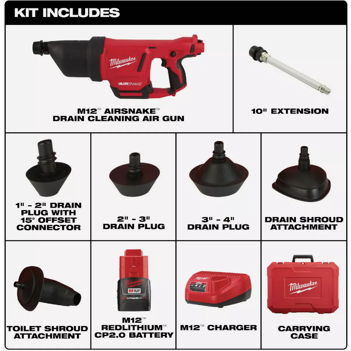 Milwaukee M12 AIRSNAKE Drain Cleaning Air Gun Kit