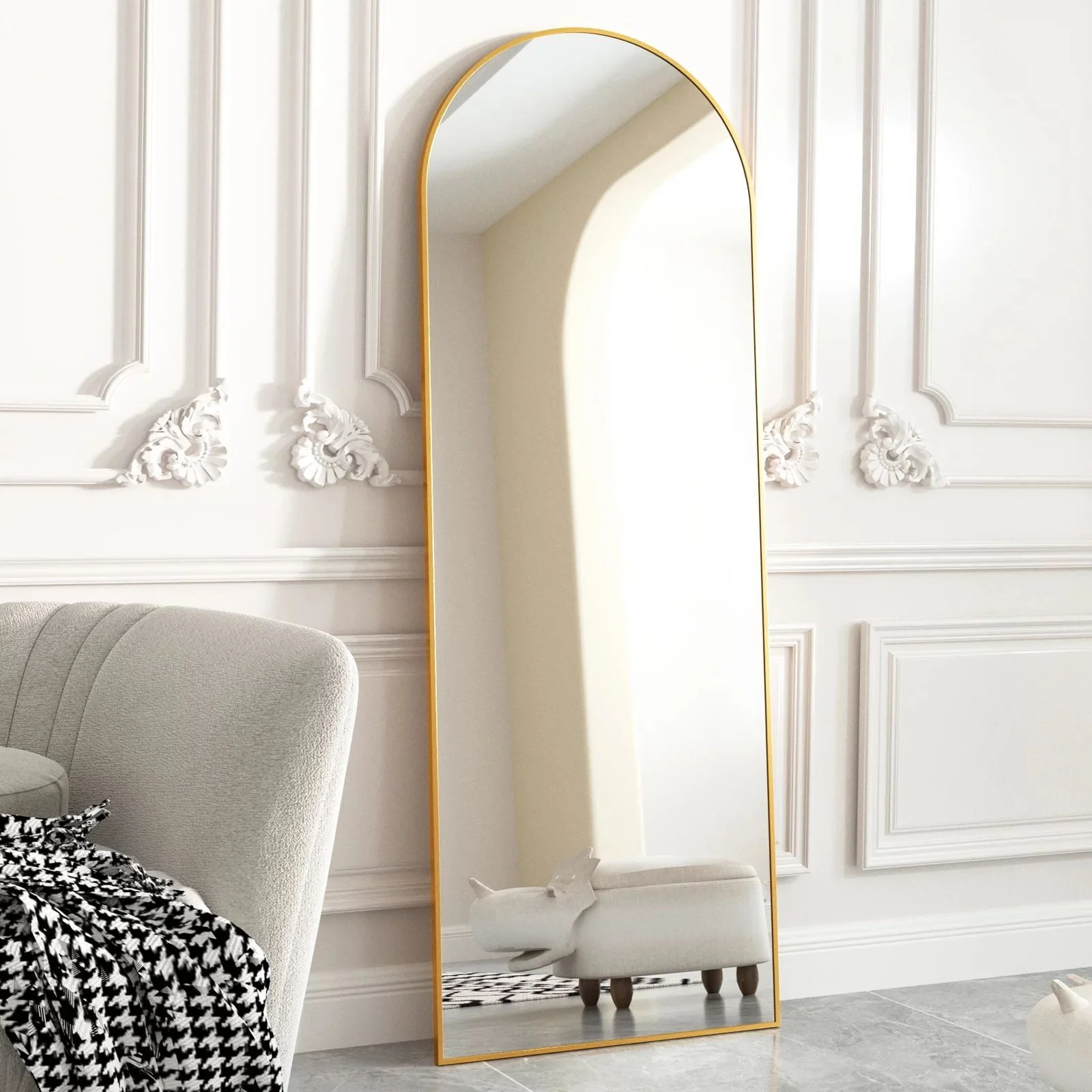 BEAUTYPEAK Arched Full Length Floor Mirror 64"x21.1" Full Body Standing Mirror,Gold