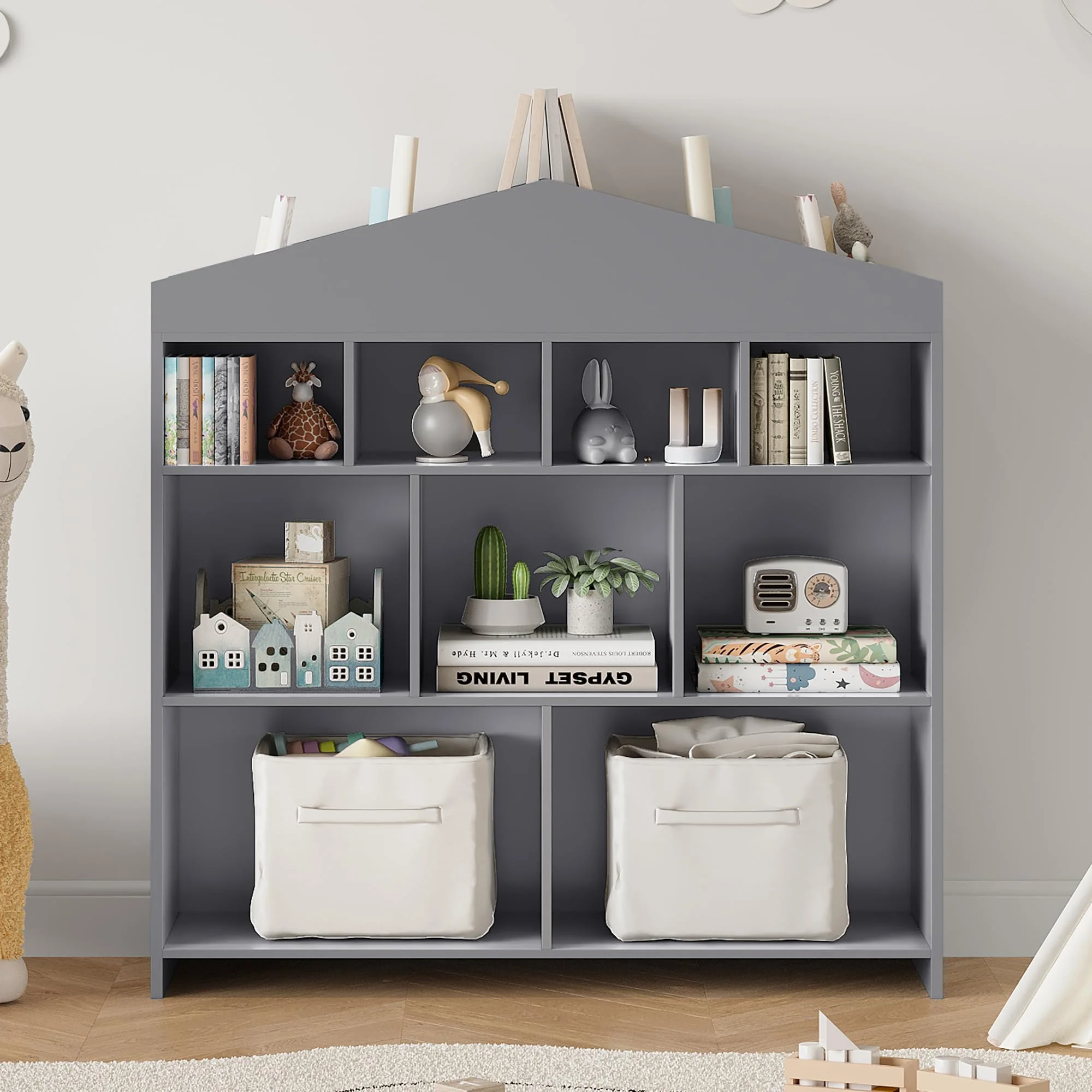 DSstyles Kids Bookshelf 9-Cubby Toy Storage Organizer White Bookcase Toddlers Playhouse Cabinet Shelf for Boys Girls Wooden Storage Toy Shelf for Playroom, Nursery, Kids Room - Image 12