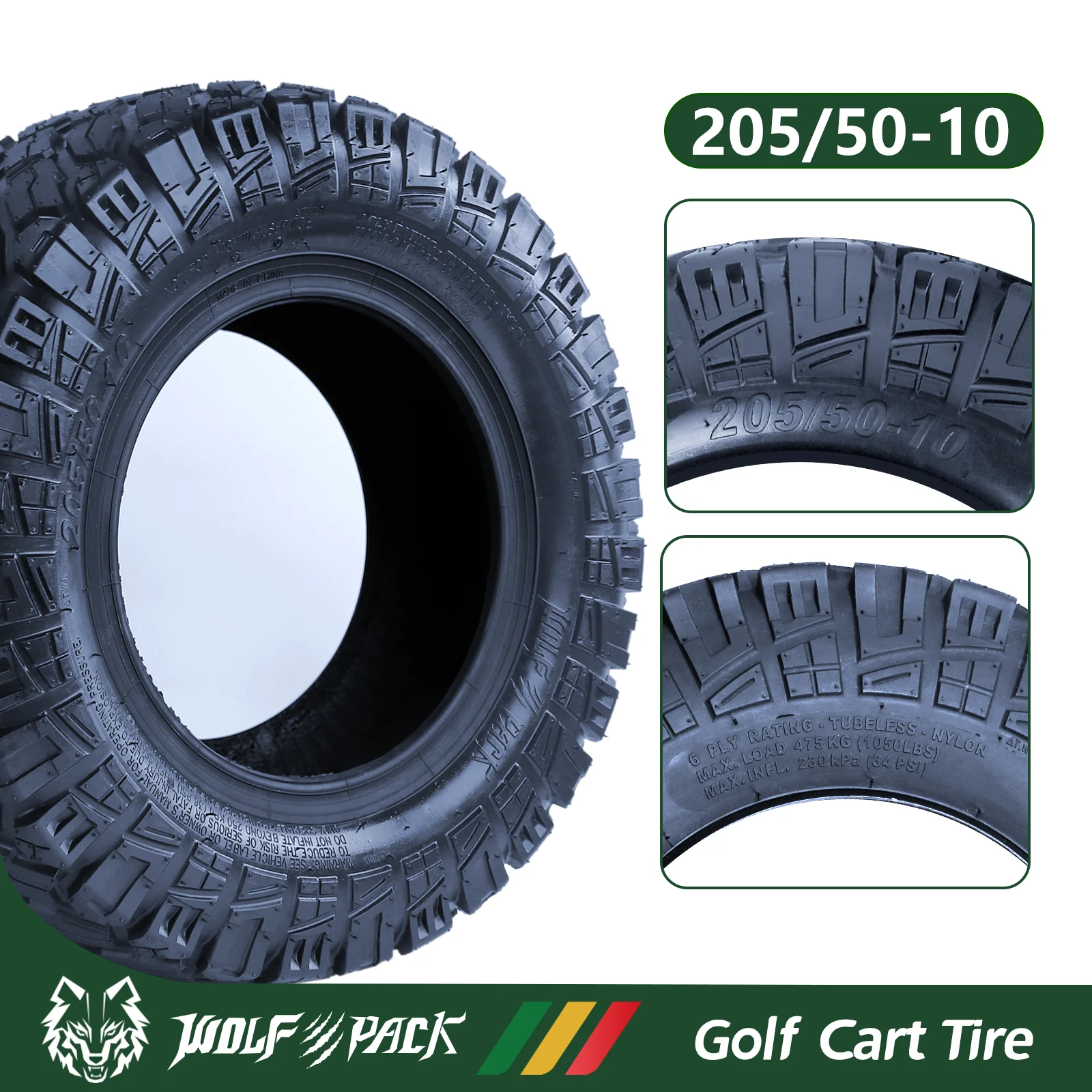 Set 2 WOLF PACK Golf Cart Tires 205/50-10 All Terrain Non-Directional Tubeless Tire Multi-Terrain Tire with Superior Traction and Mud-Resistant Self-Cleaning Tread Design for Long-Lasting Performance