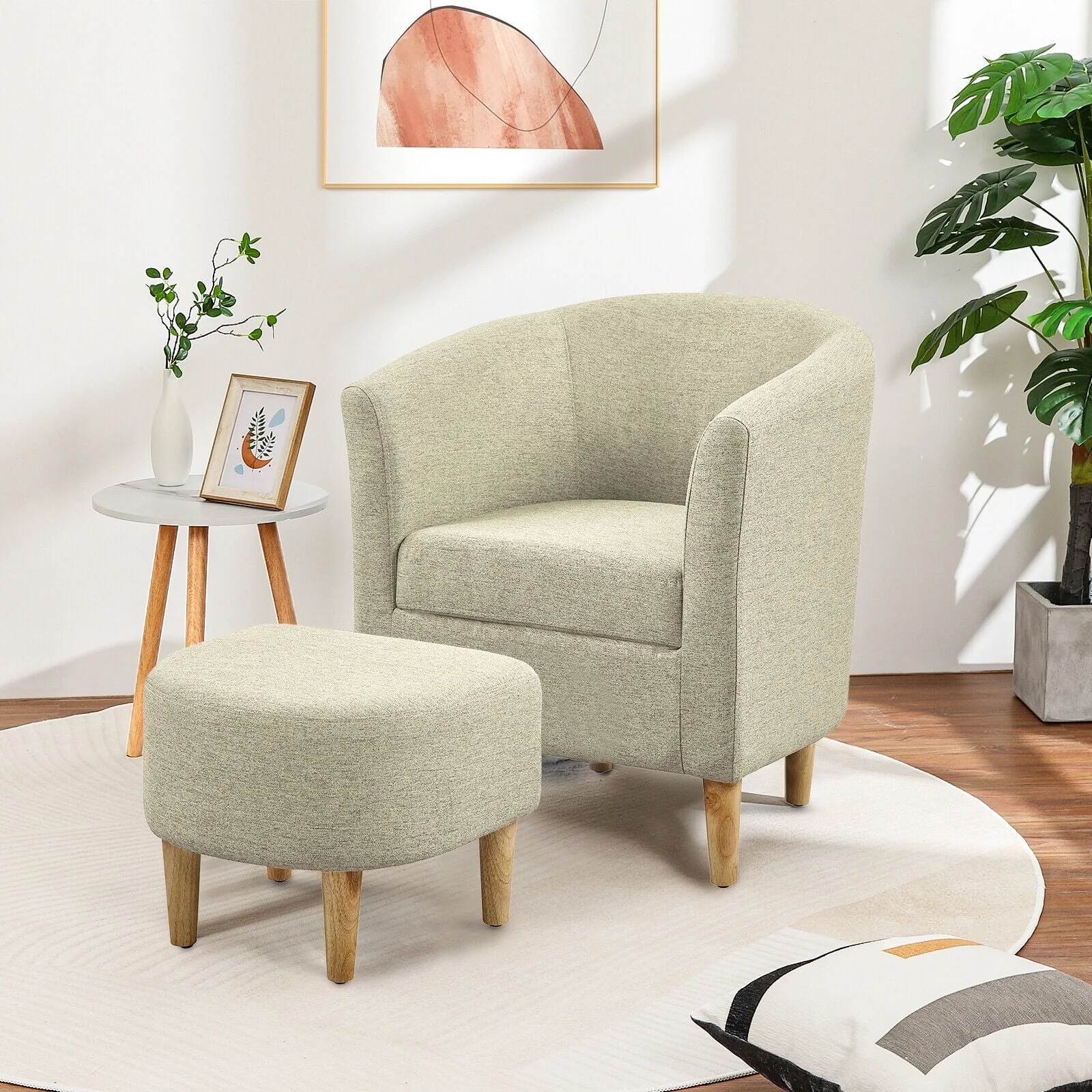 Lohoms Accent Arm Chair With Ottoman Set, Modern Home Leisure Chair with Footrest, Comfy Upholstered Armchair Single Sofa, Reading Chair with Solid Wood Legs for Living Room Bedroom, Gray - Image 2