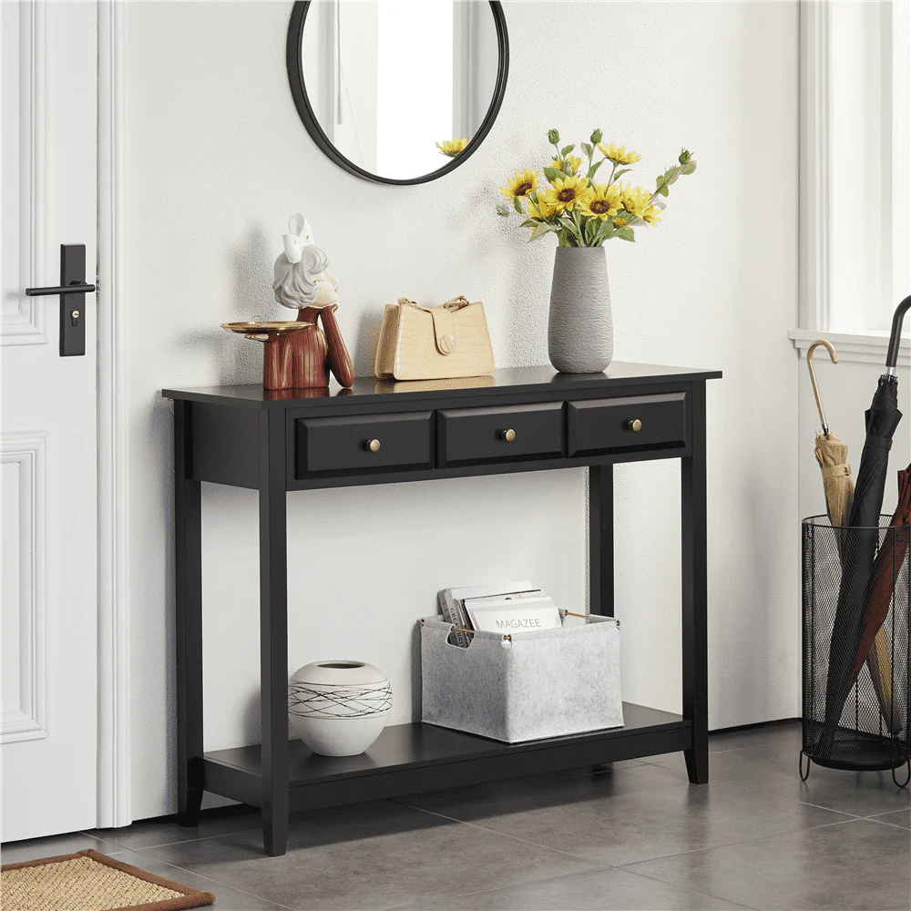 Topeakmart 3-Drawer Wooden Console Table Entryway Table with Storage Shelf Pine Wood Legs, Black - Image 12