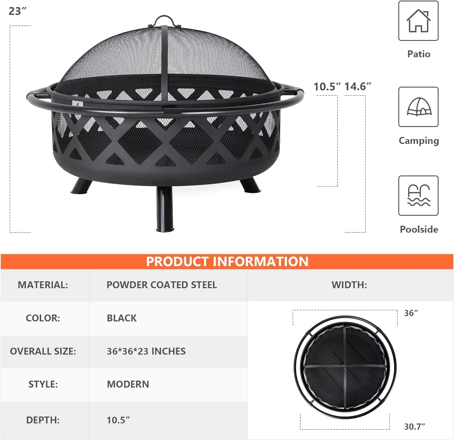 SUNCREAT 42-Inch Wood Burning Patio Fire Pit, Black, 42.1 Inch Diameter x 25.2 Inch High - Image 34 SUNCREAT 42-Inch Wood Burning Patio Fire Pit, Black, 42.1 Inch Diameter x 25.2 Inch High - Image 34