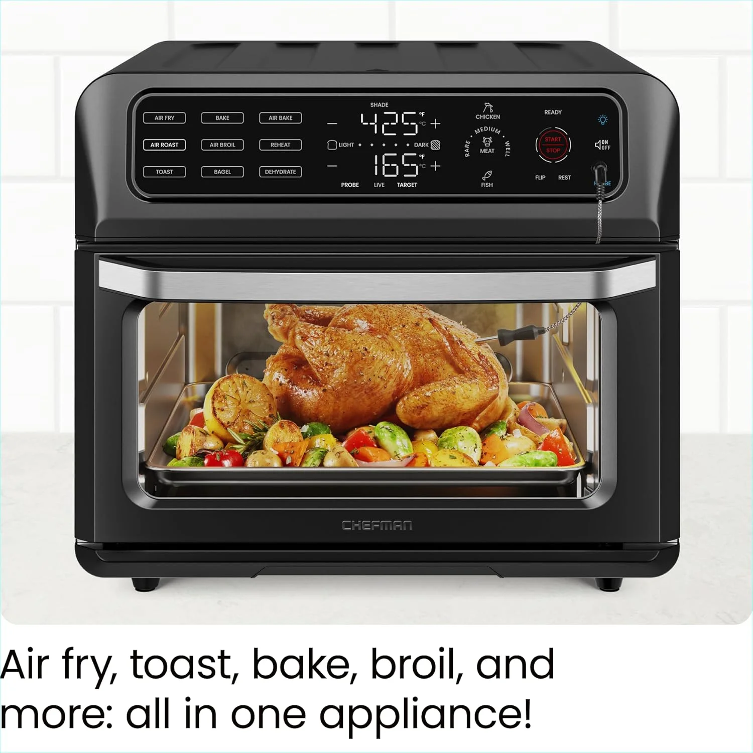 Chefman 12-in-1 Air Fryer Oven Combo w/ Probe Thermometer, 20 Qt Capacity - Black Stainless Steel, New