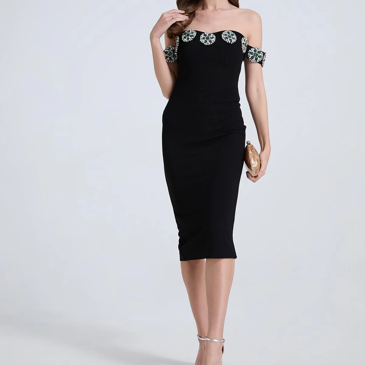 Women Nail Diamond One Line Shoulder Diamond Slim Slit Dress - AZJHJ