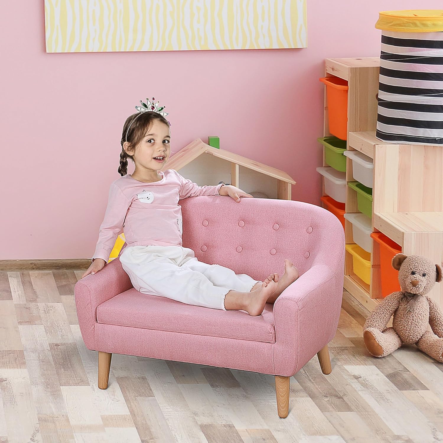 Qaba 2-Seat Kids Sofa, Toddler Sofa Couch, Linen-Like Fabric and Wooden Frame Sofa Chair for Ages 3-7, 11