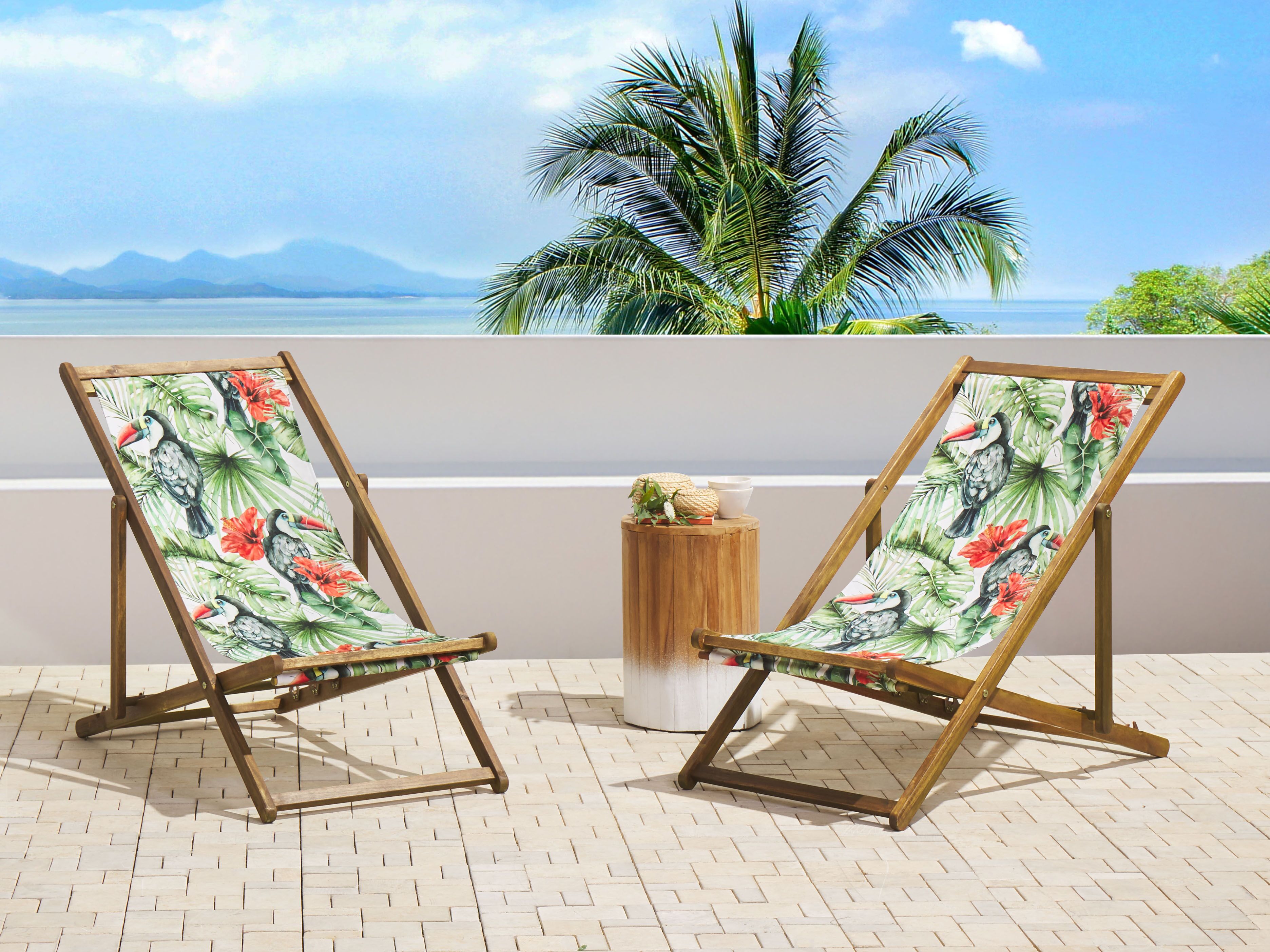 Set of 2 Folding Deck Chairs ANZIO with Replacement Fabrics Animal Motif Acacia Wood Light Brown