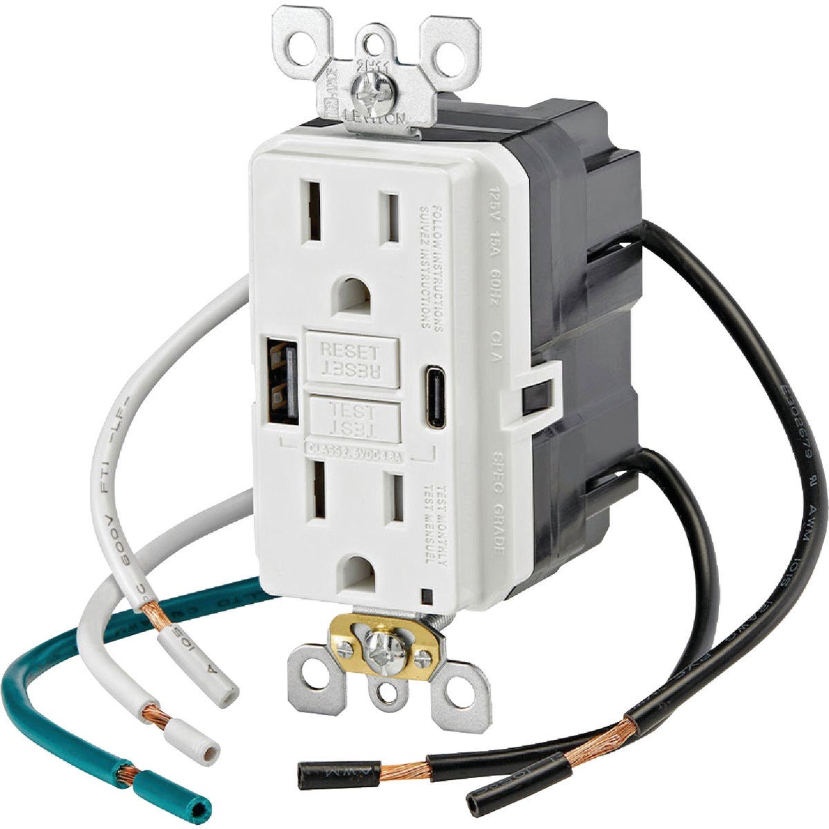 Leviton SmartlockPro White 2-Port USB Charging Outlet with 5-15R Self-Test GFCI In-Wall Charger Duplex Outlet