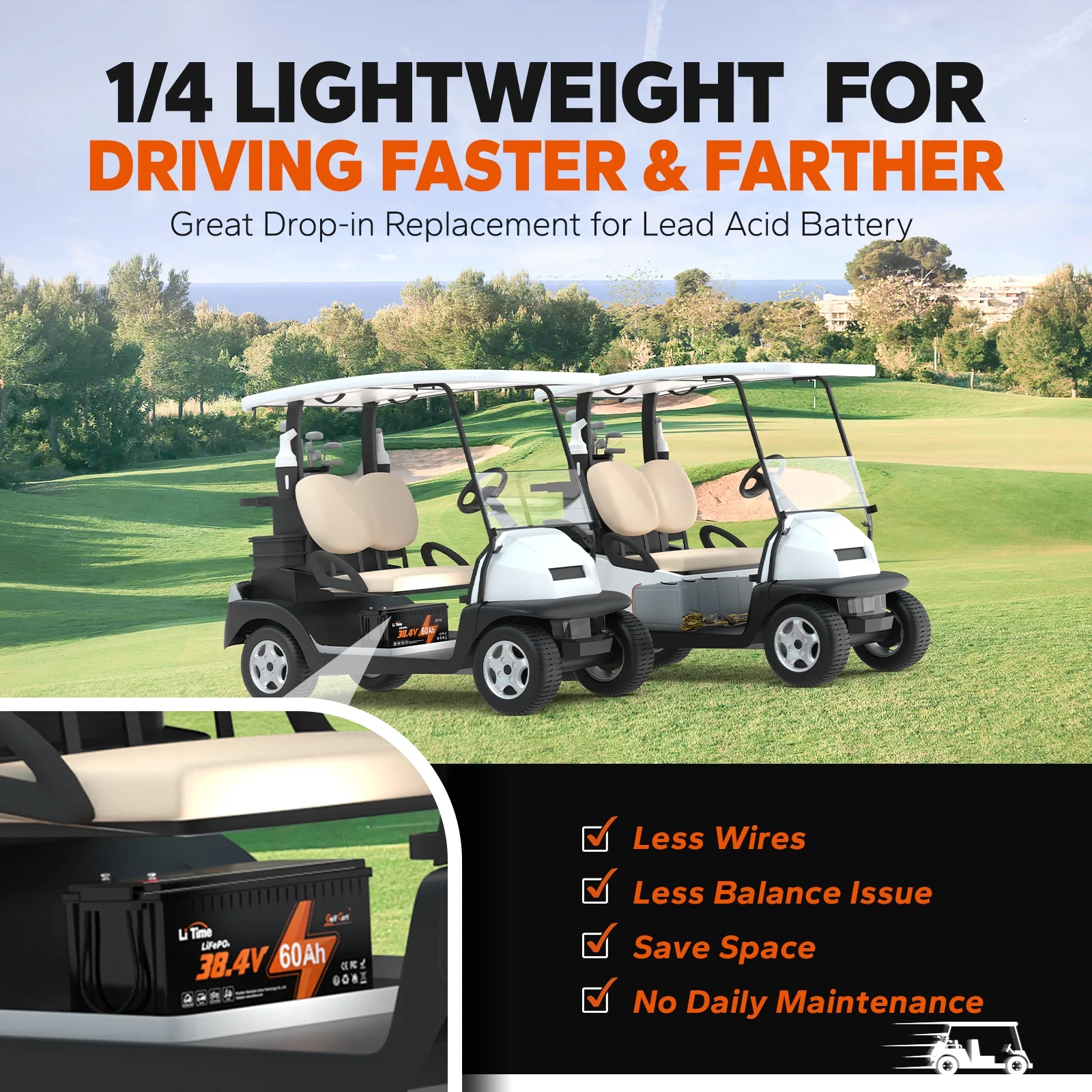 LiTime 36V 60Ah Golf Carts LiFePO4 Battery 120A BMS 2304Wh Energy Max. Power 4.6kW Support up to 3kW Motor - Image 3