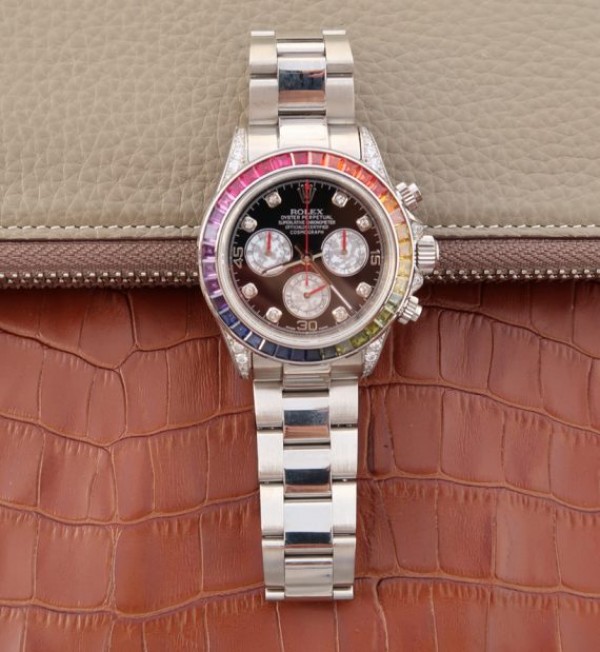 Replica Rolex Daytona 116599 Colorful Crystal Bezel Black Dial SS Bracelet A7750 - Elite Watch Atelier